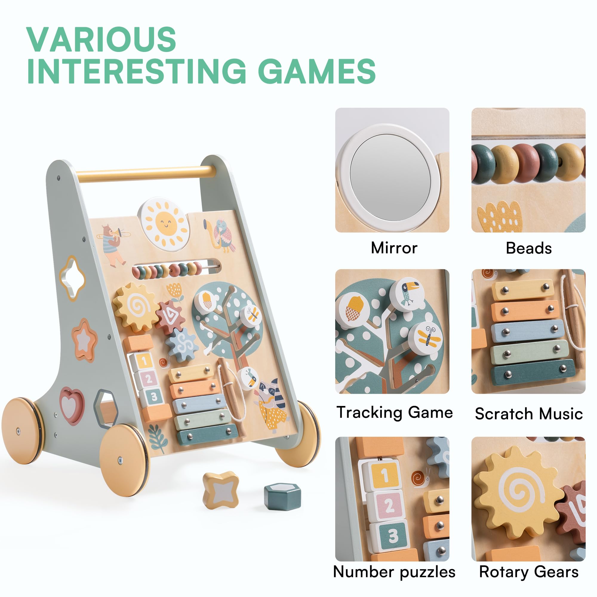 ROBOTIME Wooden Baby Walker Push Toy with Wheels - Montessori Learning Walking Assistant for Toddlers Boys & Girls - Perfect for First Steps & Indoor Playtime