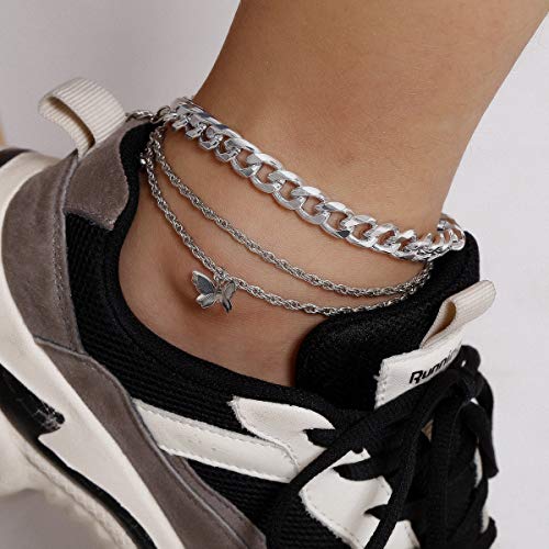 YERTTER Punk Chunky Chain Anklet with Butterfly Pendant - Cuban Link Ankle Bracelet for Women | Sexy Thick Foot Jewelry in Silver | Perfect for Beach, Summer & Boho Fashion