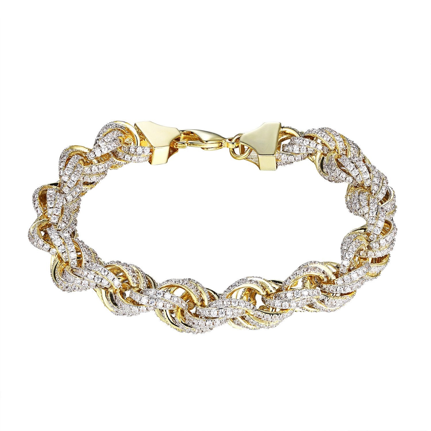 14K Gold Plated Rope Link Bracelet with Simulated Diamonds - 11mm Wide Men's Hip Hop Jewelry for Casual & Party Wear
