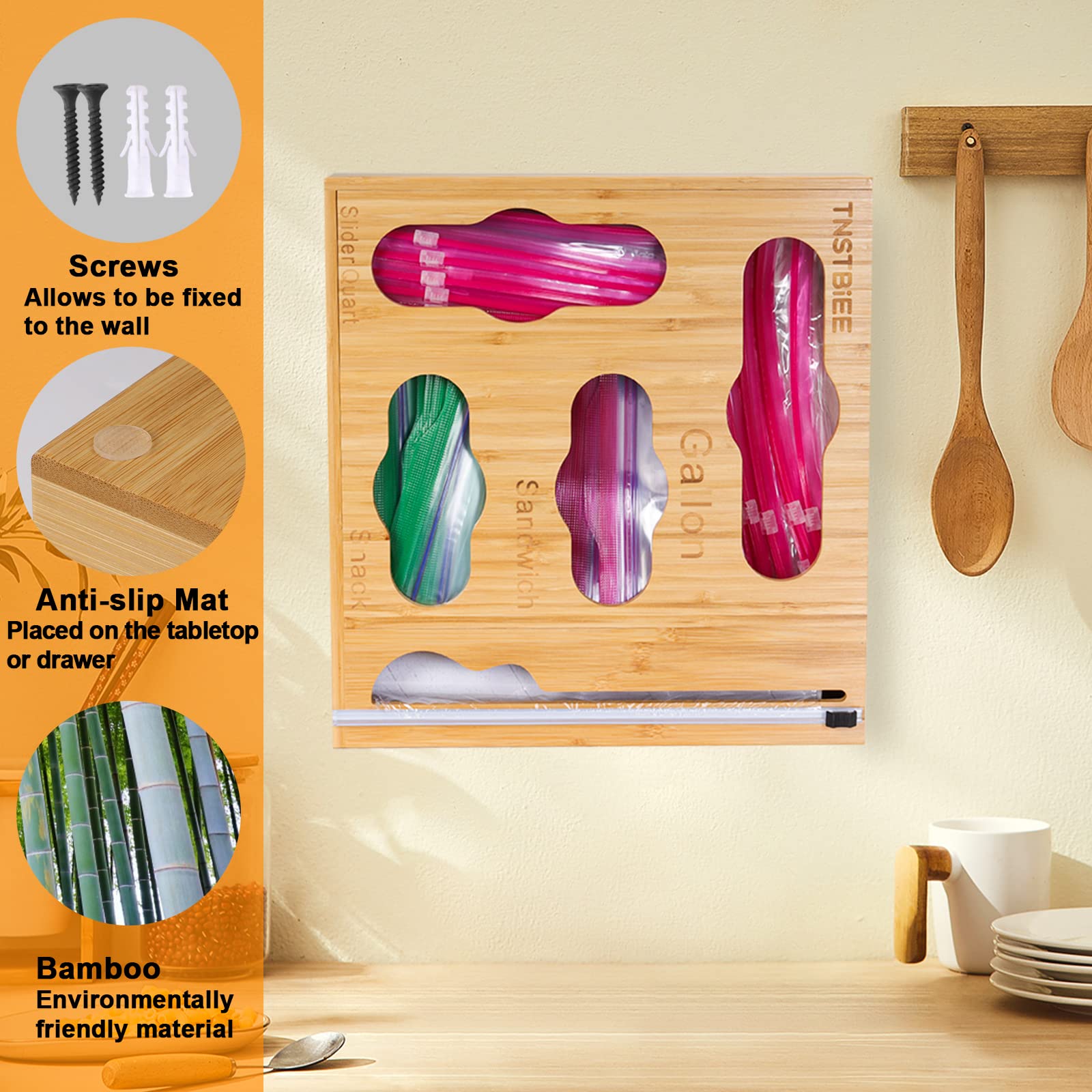 5-in-1 Bamboo Drawer Organizer for Gallon Bags, Quart Bags, Sandwich Bags, Snack Bags & Food Wraps - Kitchen Storage Solution for Plastic Bags & Aluminum Foil - Perfect for Pantry, Cabinet & Drawer Organization