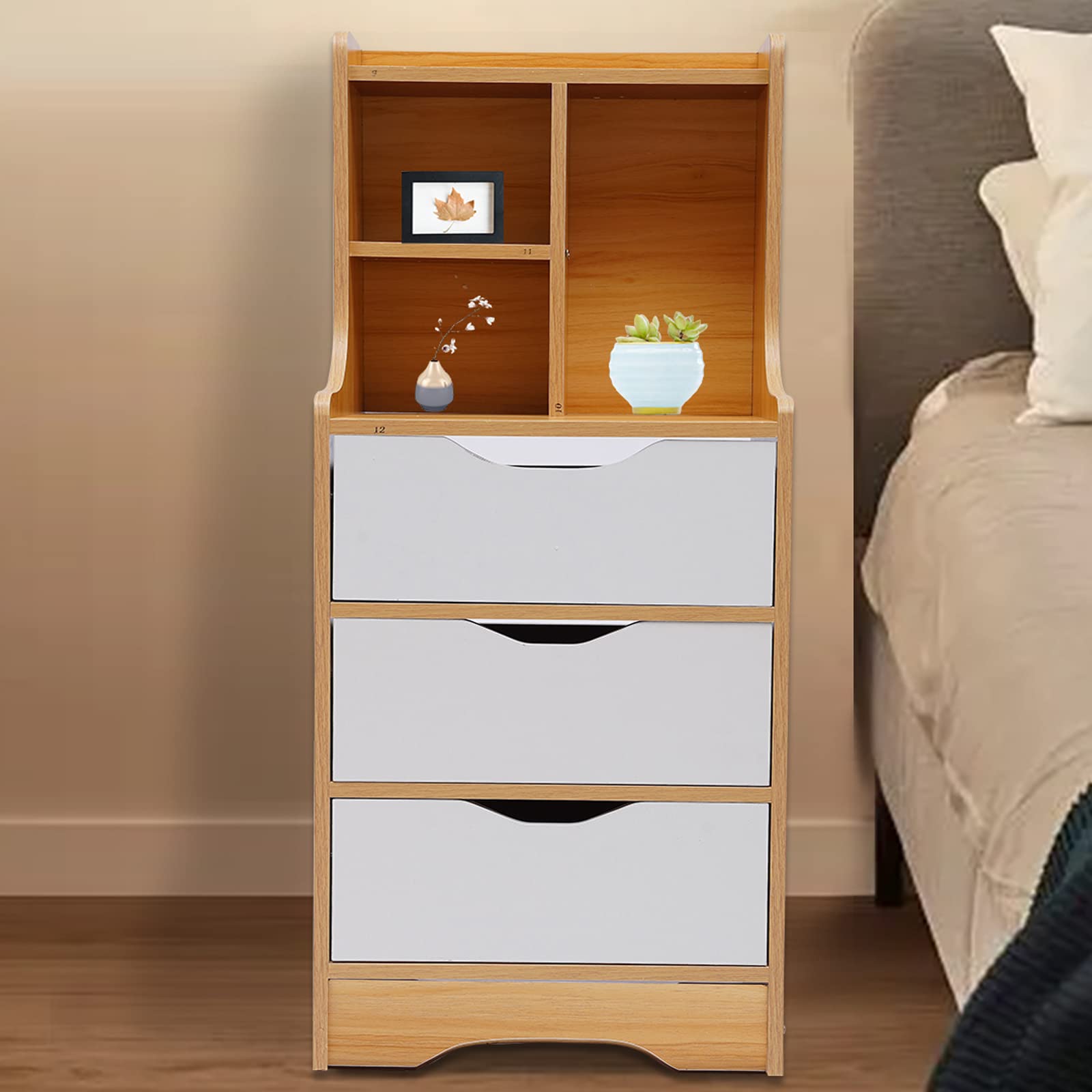 Modern Nightstand with 3 Drawers & Open Shelf Storage - Bedside Table for Bedroom, Dorm, Apartment - Easy Assembly Wooden Side Cabinet (Perfect for Storing Books, Lamps & Bedroom Essentials)