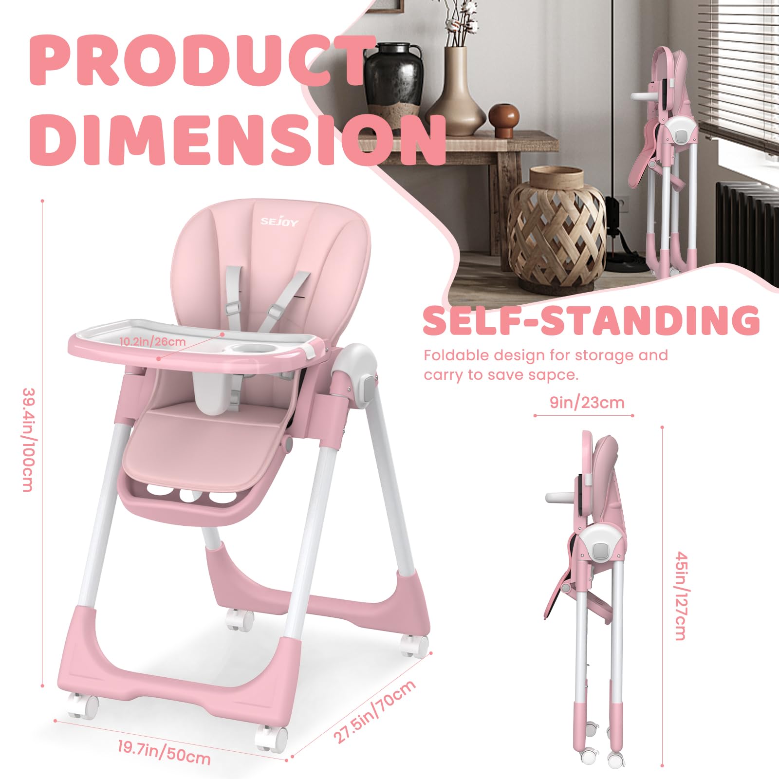 **Baby High Chair with 4 Wheels for Infants & Toddlers (6 Months-6 Years) – Adjustable Height, Removable Dishwasher-Safe Tray, 110 LBS Weight Limit – Perfect for Dining, Feeding & Playtime (Pink)**