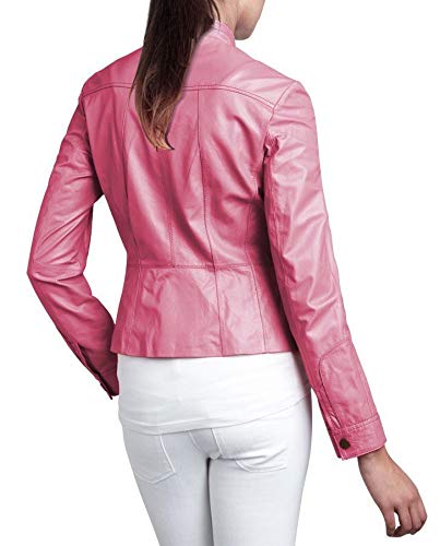 Stylish Women's Real Leather Biker Jacket - Classic Pink Outerwear for Casual Wear & Motorcycle Riding