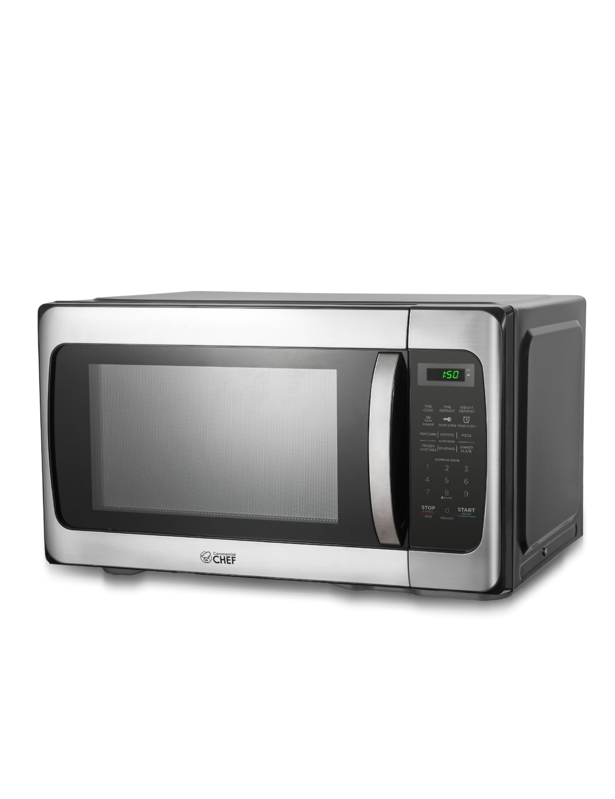 Commercial Chef 1.1 Cu Ft 1000W Countertop Microwave - 10 Power Levels, Push Button Door Lock, Digital Controls & Turntable - Stainless Steel - Perfect for Home Kitchens, Offices & Dorm Rooms