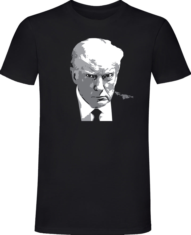 Donald Trump Mug Shot Black T-Shirt - Political Satire & Protest Apparel for Trump Supporters & Opponents