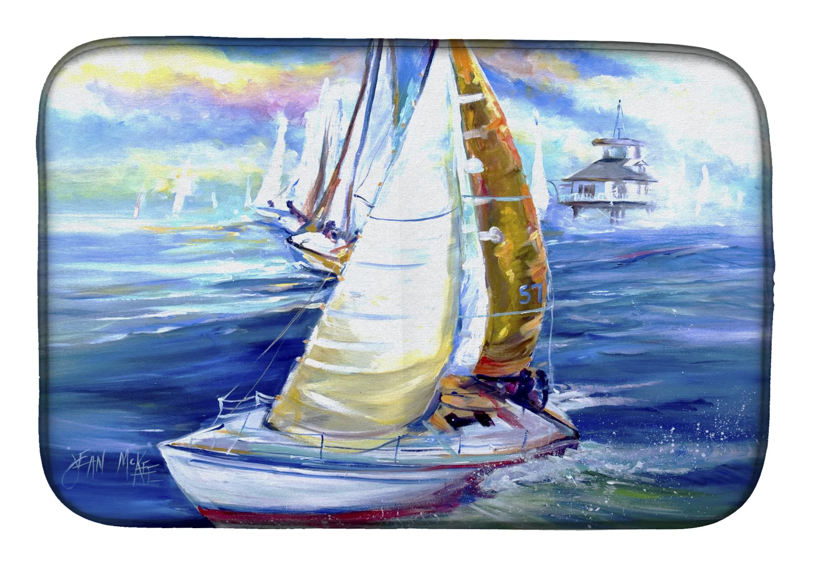 Sailboat Dish Drying Mat - Absorbent Kitchen Counter Mat (14x21
