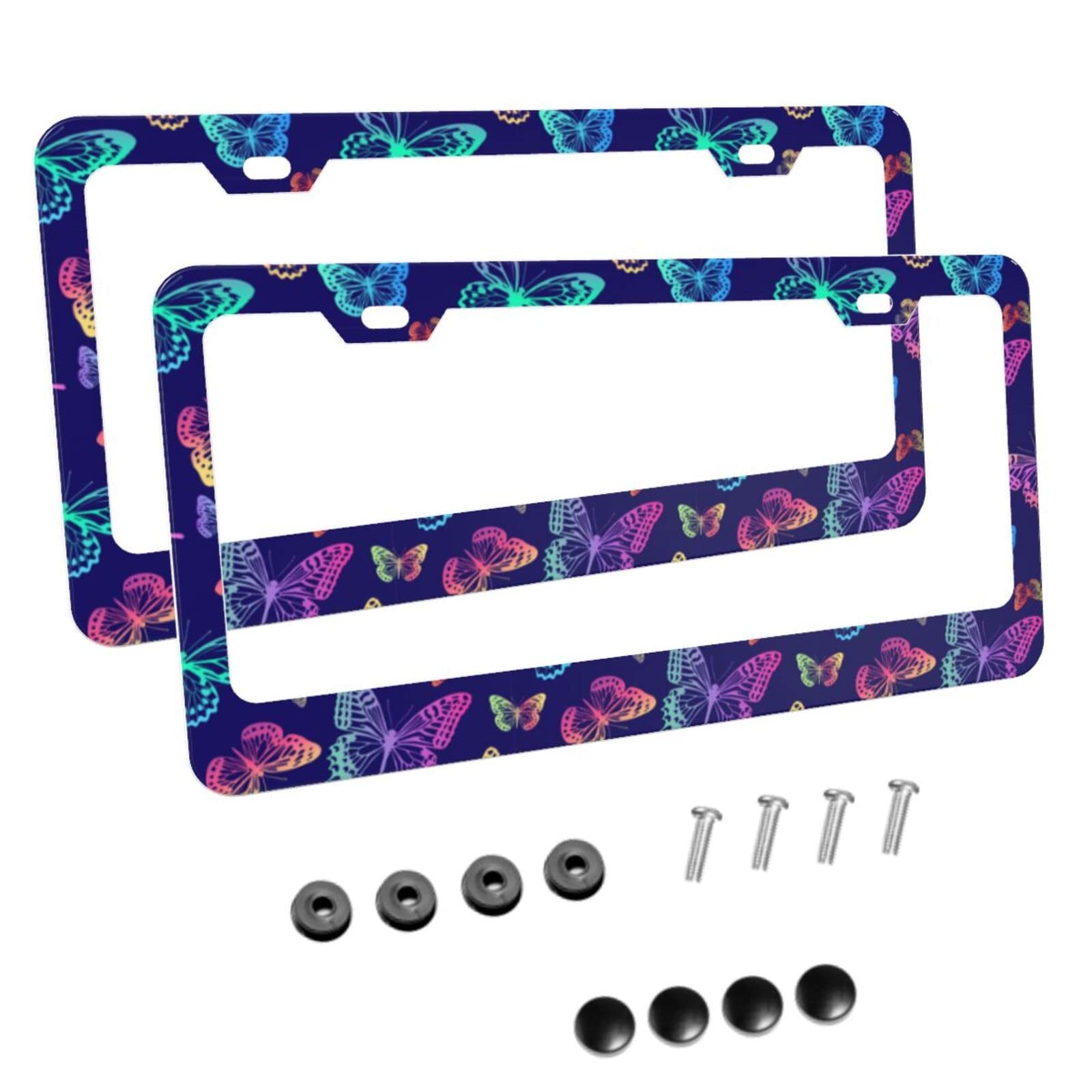 KiuLoam 2-Pack Rainbow Butterfly Blue Metal License Plate Frames - US Standard Car Plate Holder with Screws for Vehicle Protection & Decoration | Perfect for Customizing Cars, Trucks & SUVs