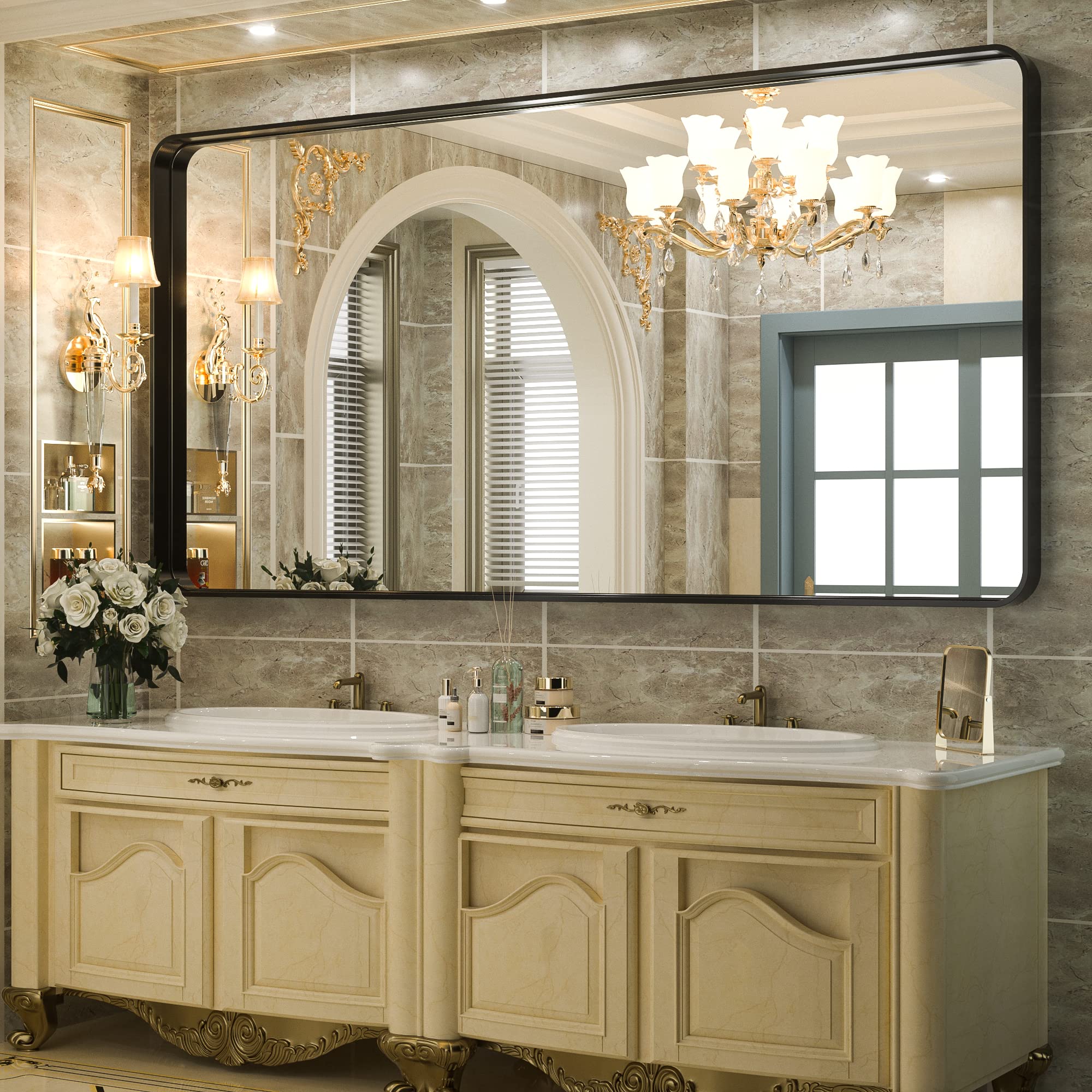 TokeShimi 72x36 Inch Black Bathroom Mirror - Non-Rusting Aluminum Alloy Frame, Brushed Matte Finish, Soft Rounded Corners - Horizontal/Vertical Wall Mount Vanity Mirror for Modern Farmhouse, Apartment & Bathroom Decor (Perfect for Makeup, Shaving & Home Styling)
