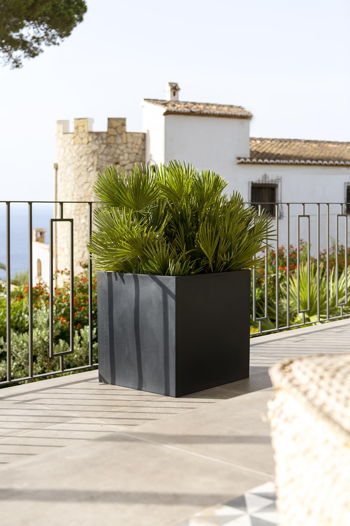 Modern Black Fiberstone Cube Planter 12x12x12 Inch - Elegant Indoor Outdoor Garden Decor - Weather Resistant for Patio, Balcony & Home Office