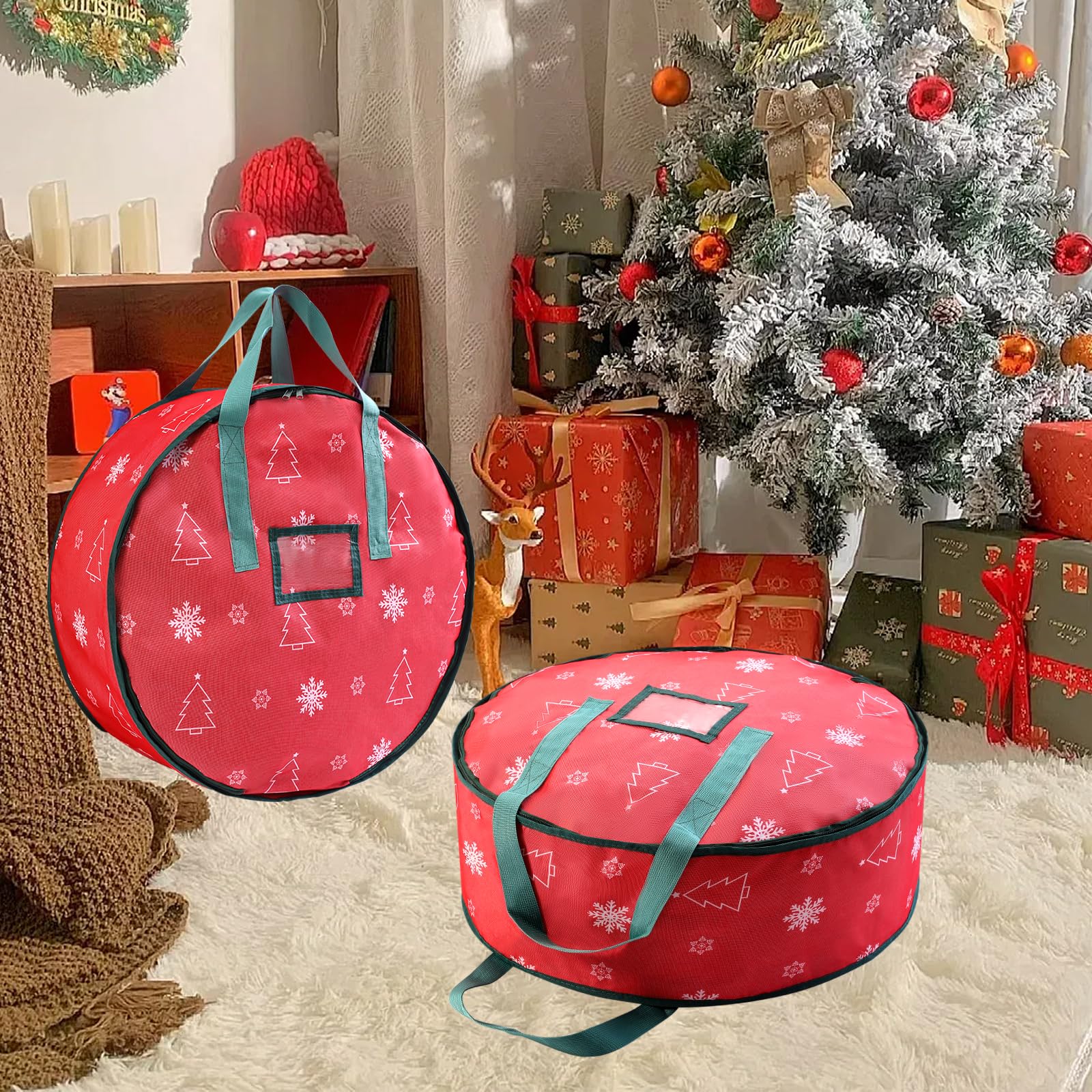 YIYA 24 Inch Christmas Wreath Storage Box - Waterproof Holiday Garland Container with Clear Window & Handles - Perfect for Xmas Decor Organization (Red) - Ideal for Seasonal Storage & Home Decor Protection