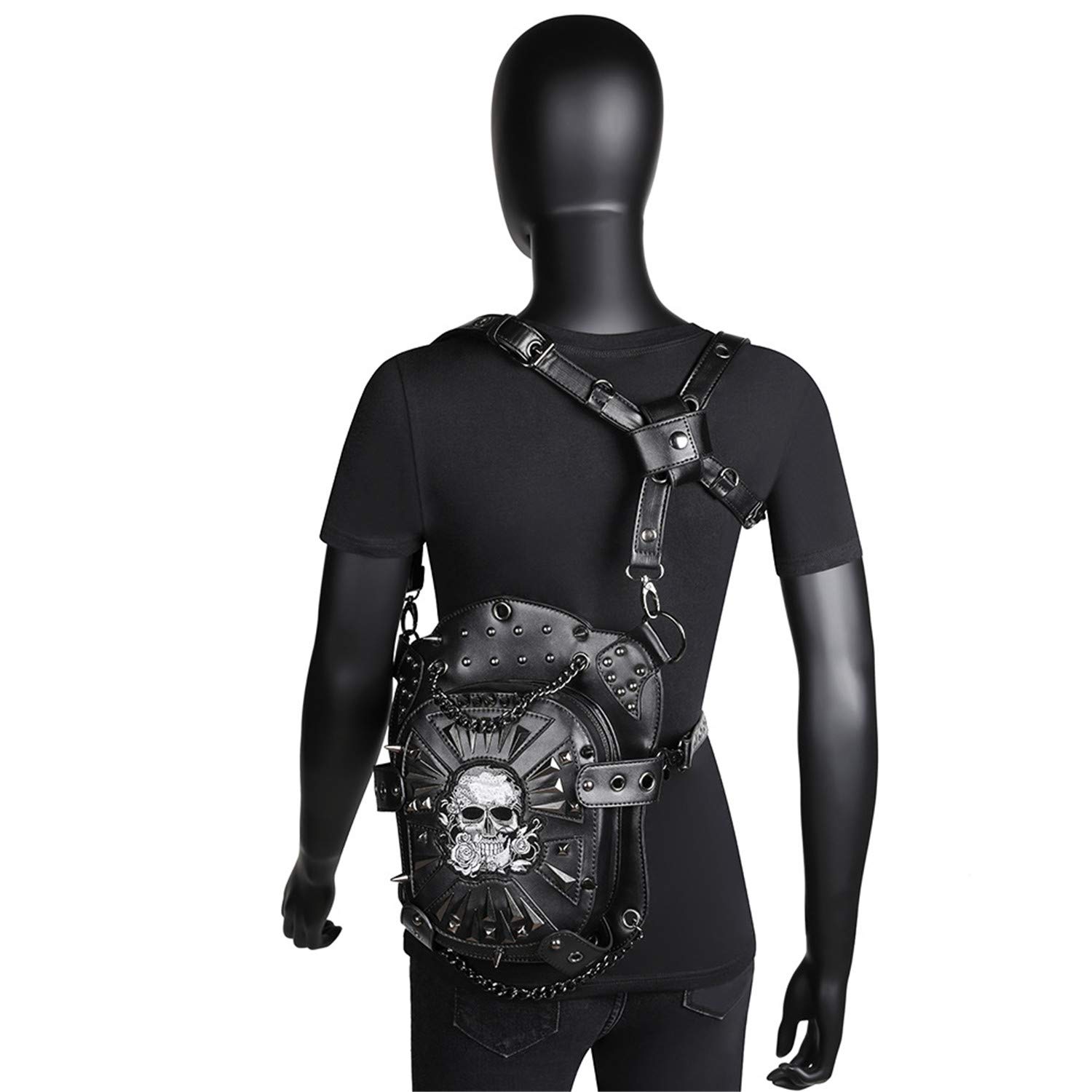 Gothic Steampunk Rose Skull Waist Bag - Leather Fanny Pack Crossbody Purse for Travel & Festival - Unisex Side Wallet Leg Bag & Shoulder Messenger Bag - Perfect for Cosplay, Rave, Halloween & Everyday Use