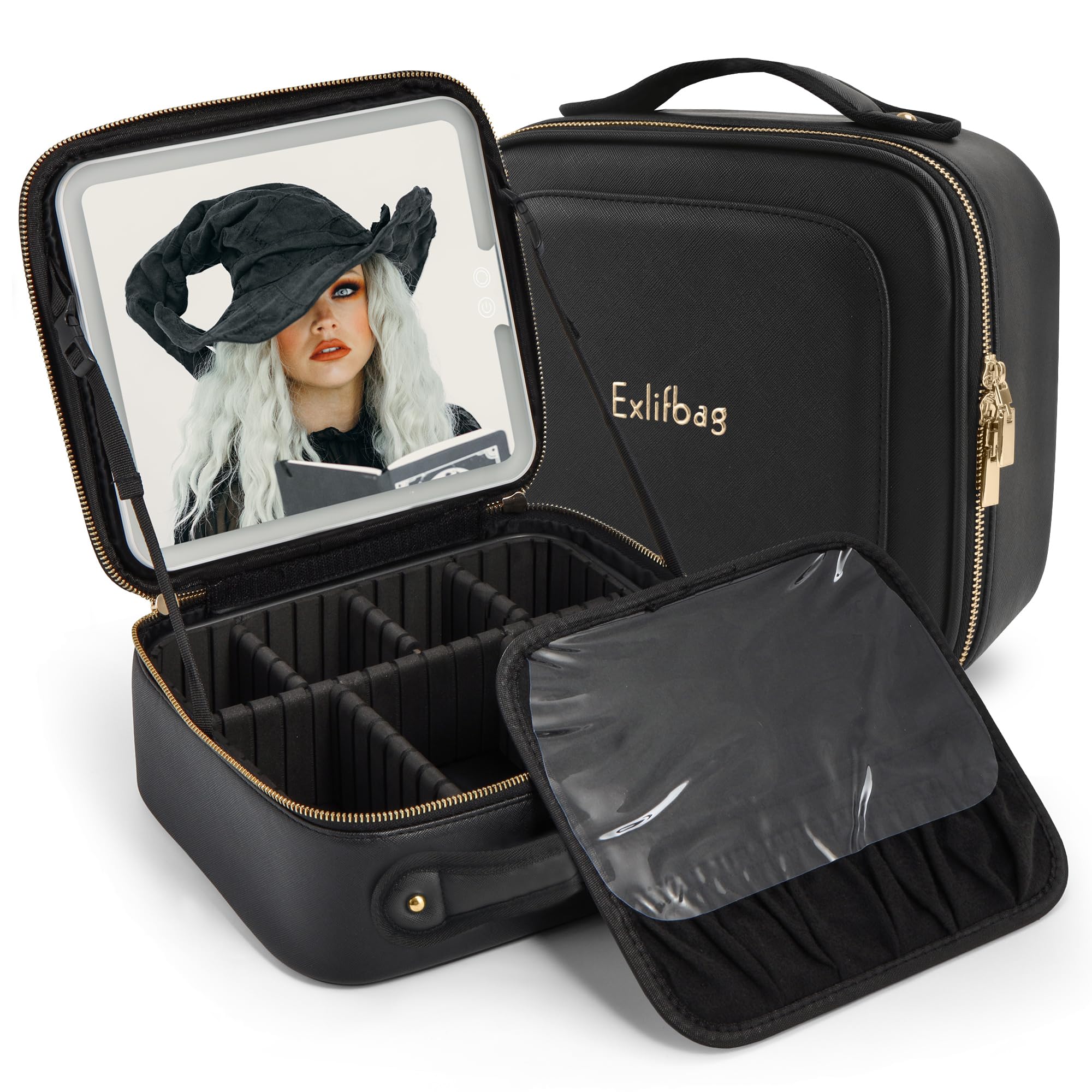 LED Mirror Makeup Bag - Portable Travel Cosmetic Organizer with Built-in Light, Waterproof & Spacious Design for Makeup Brushes & Essentials (Black) - Perfect for Travel, Home & On-the-Go Touch Ups