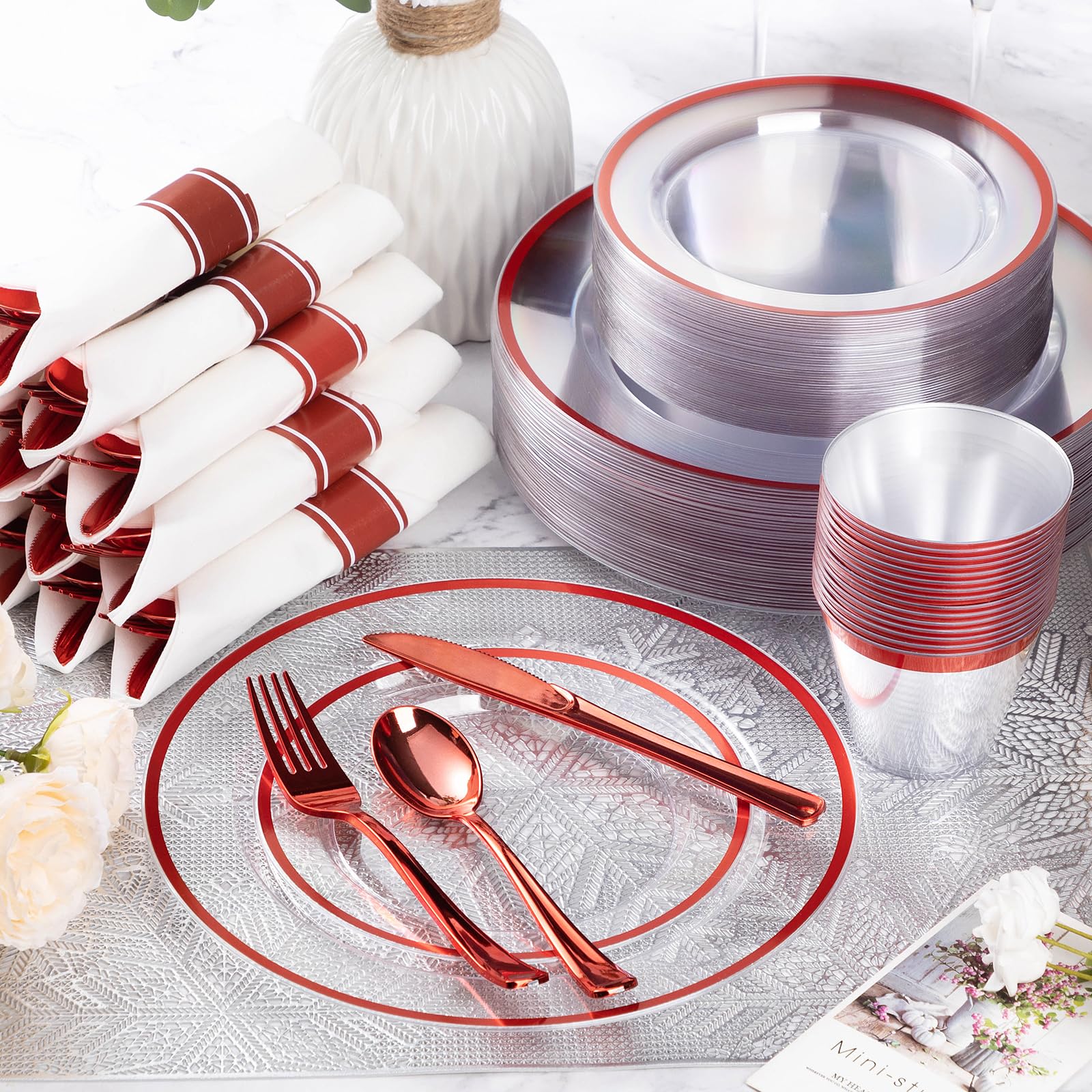 Goodluck 350-Piece Red Plastic Party Dinnerware Set - Disposable Plates, Cups & Cutlery for 50 Guests | Includes 50 Dinner Plates, 50 Dessert Plates, 50 Pre-Rolled Napkins with Utensils & 50 Cups | Perfect for Birthday Parties, Weddings, BBQs & Events