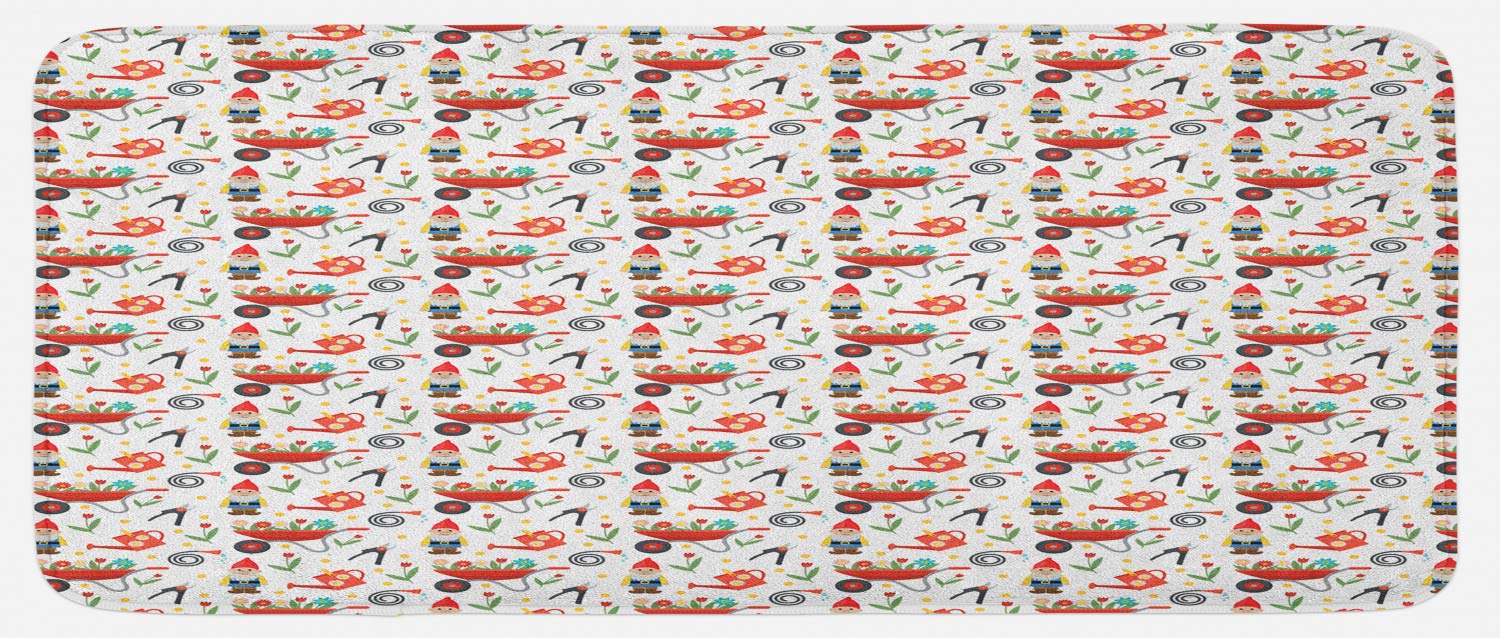 Ambesonne Non-Slip Gnome Kitchen Mat - Colorful Cartoon Design with Tulip Flowers, Bucket & Hose - Plush Decorative Rug for Kitchen, Garden, Entryway (47x19 Inches, Multicolor) - Perfect for Home Decor, Indoor Use & High-Traffic Areas