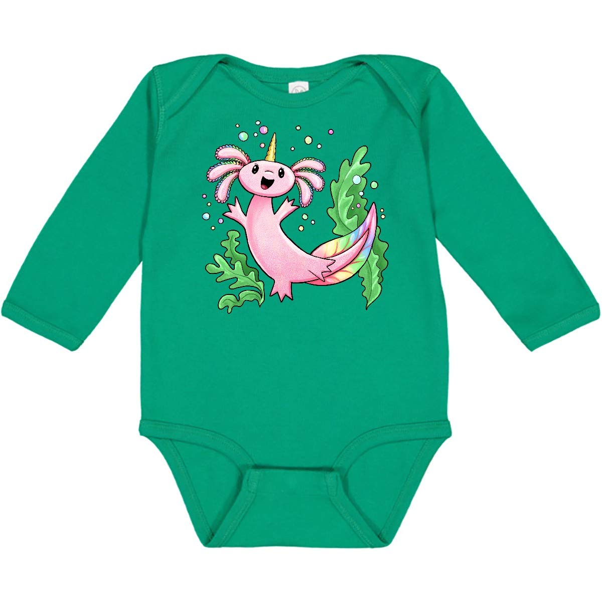 Inktastic Axolotl Unicorn T-Shirt with Rainbow Tail & Bubbles - Cute Long Sleeve Baby Bodysuit for Boys & Girls - Perfect for Birthday Gifts, Baby Showers & Nursery Outfits
