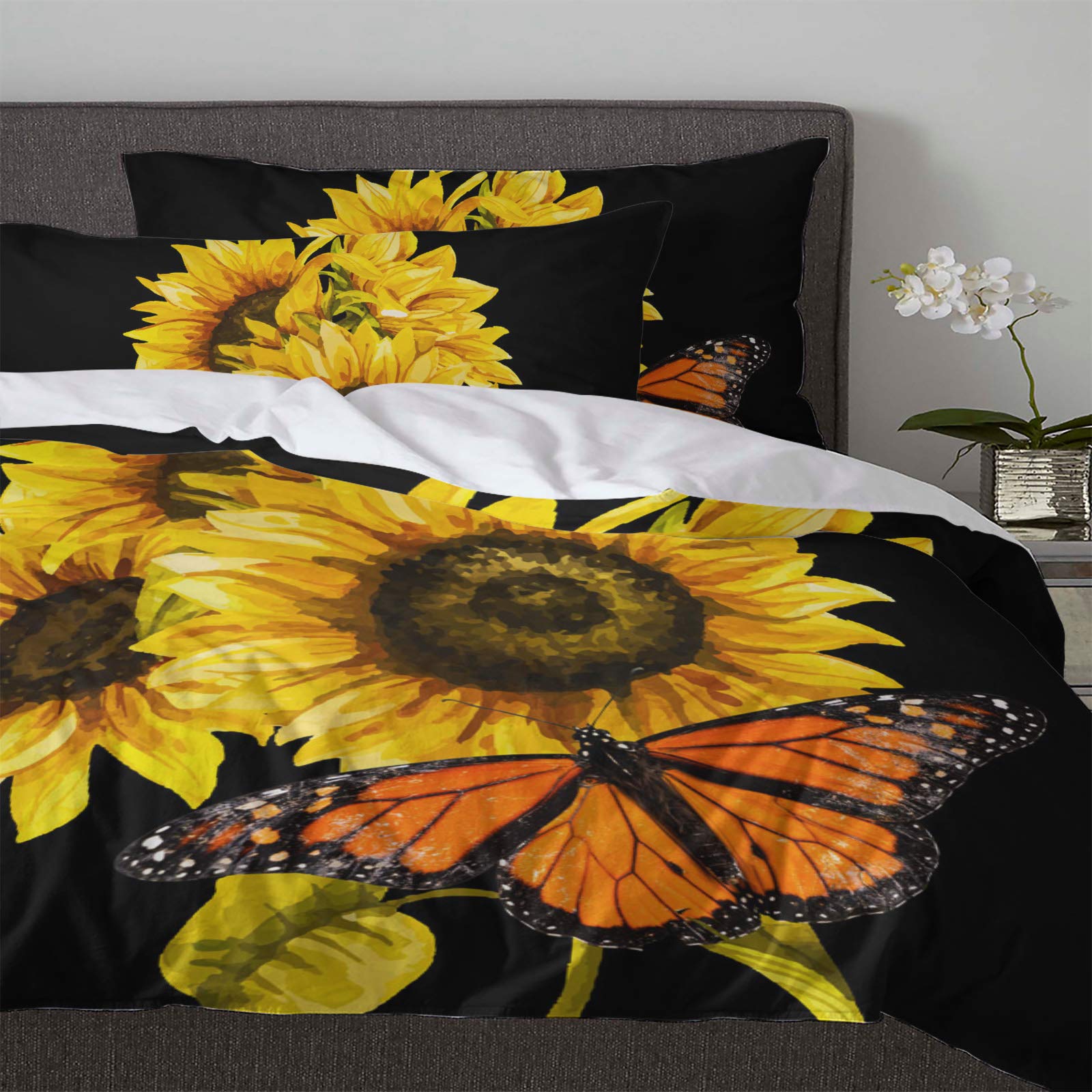 Queen Size Duvet Cover Set 3 Pieces - Yellow Sunflower & Butterfly Design on Black Background | Soft Bedding Set with Zipper Closure & Corner Ties | All Season Comforter Cover | Perfect for Bedroom Decor, Guest Room, and Cozy Home Styling