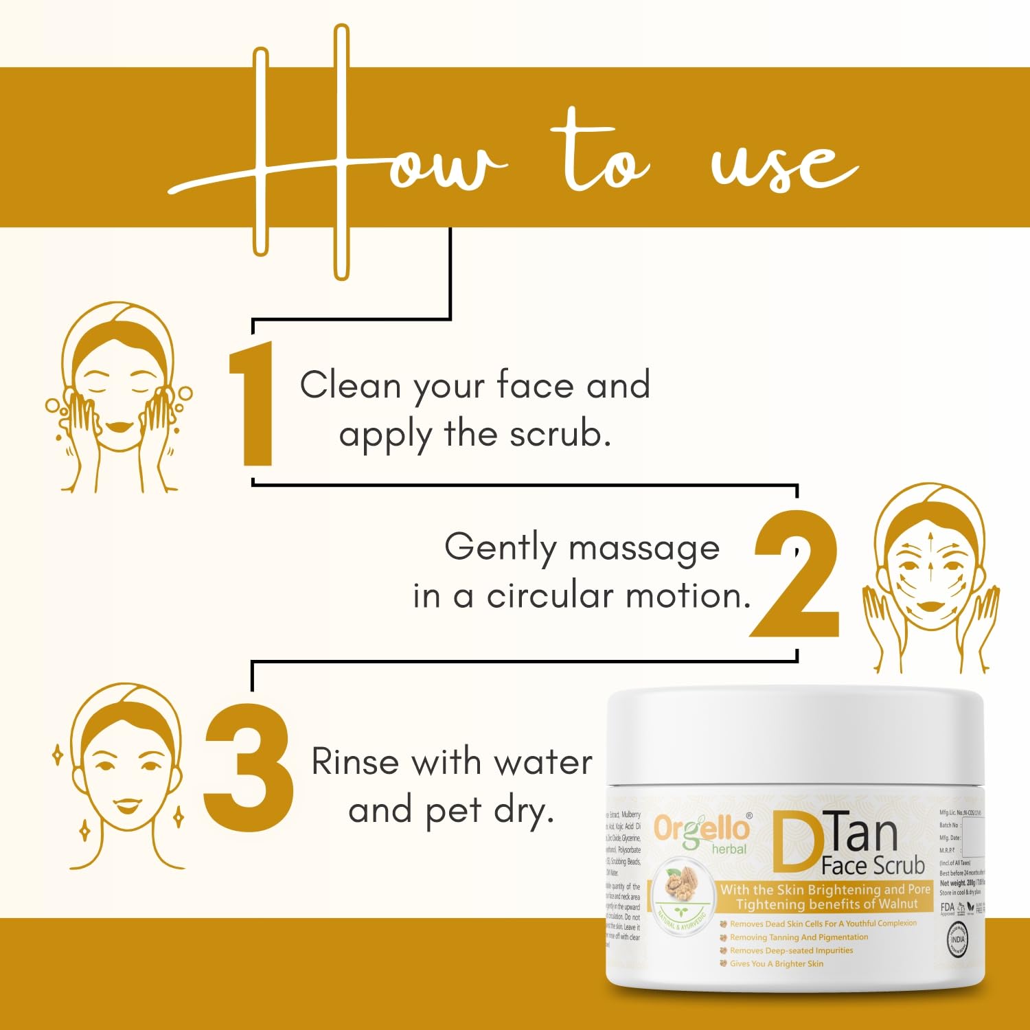 Orgello D-Tan Face Scrub for Men & Women - Natural Tan Removal & Pigmentation Treatment for Oily & Dry Skin | 200g Facial Exfoliator | Perfect for Daily Skincare Routine & Sun-Damaged Skin Repair