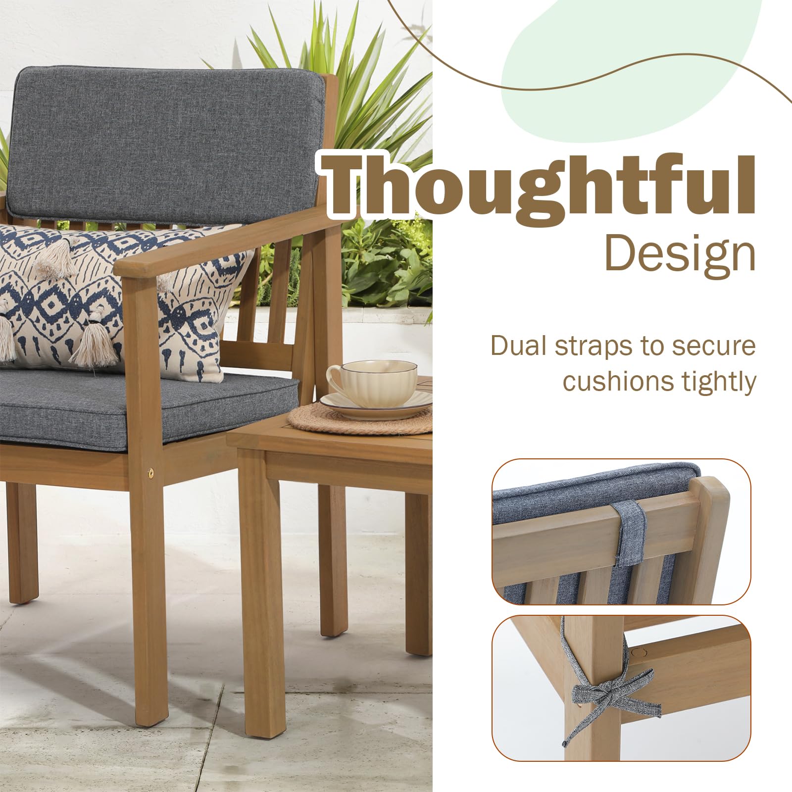 Premium 3-Piece Acacia Wood Outdoor Patio Furniture Set - FSC Certified Bistro Table & Chairs with Gray Cushions for Balcony, Porch, Backyard | Perfect for Garden Dining, Outdoor Entertaining & Relaxation