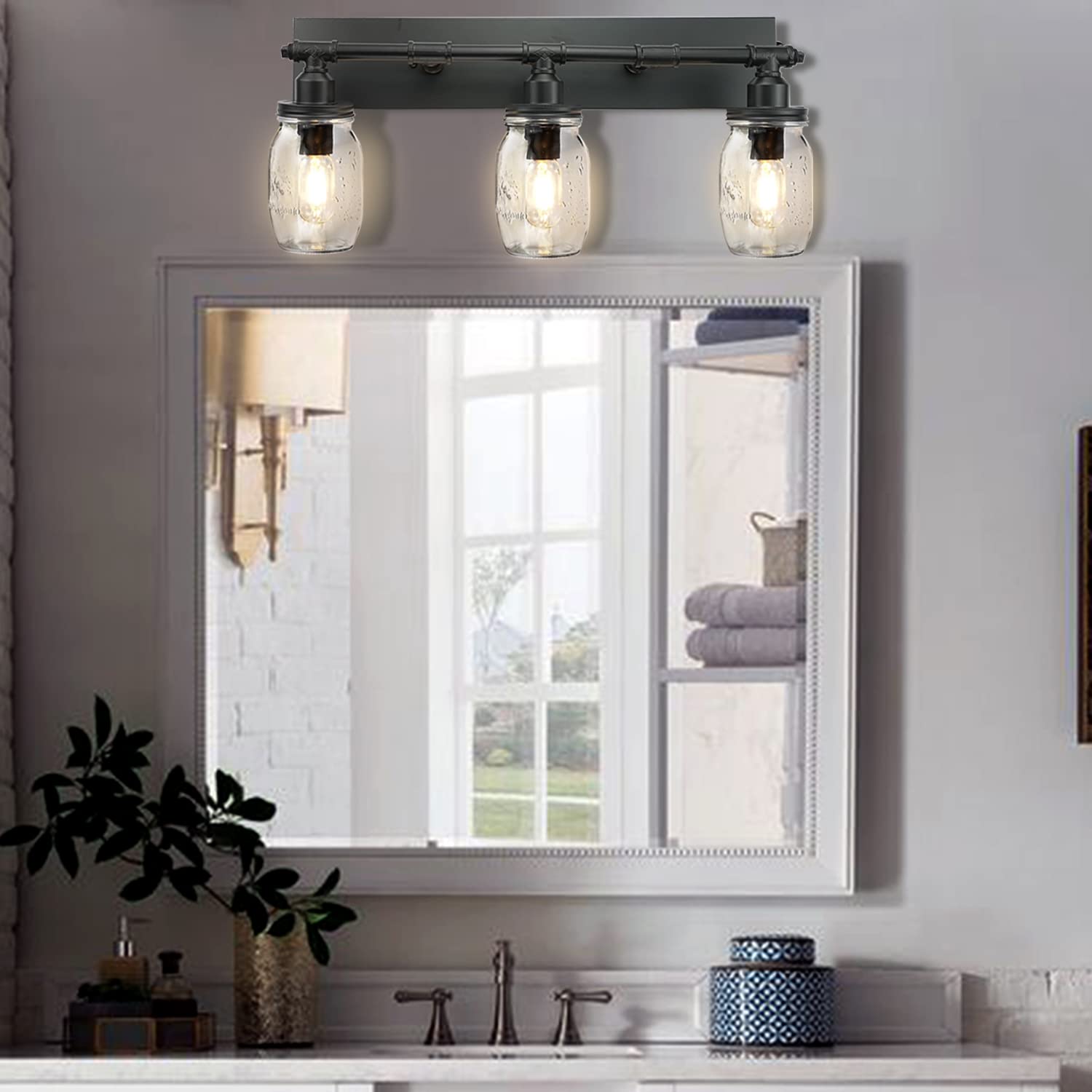 Industrial Mason Jar Vanity Light Fixtures - Black Finish Wall Sconce with 3 Lights for Bathroom, Bedroom, or Farmhouse Decor | Rustic Home Lighting Solution
