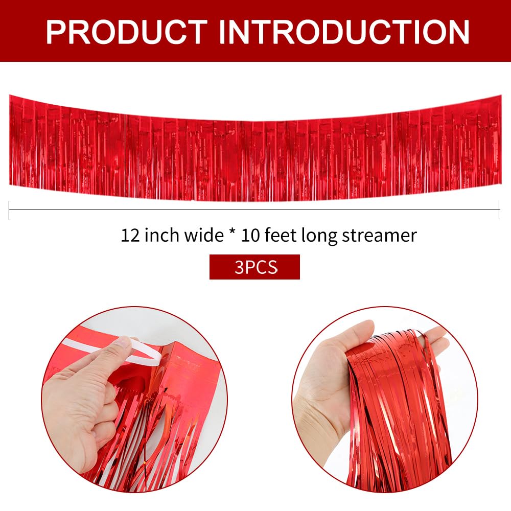 BEISHIDA 3-Pack 30ft Metallic Foil Fringe Garland - Shiny Red Tinsel Streamers for Wedding, Birthday, Christmas, Halloween & New Year Party Decorations - Perfect for Wall Hangings, Ceiling Decor & Photo Backdrops