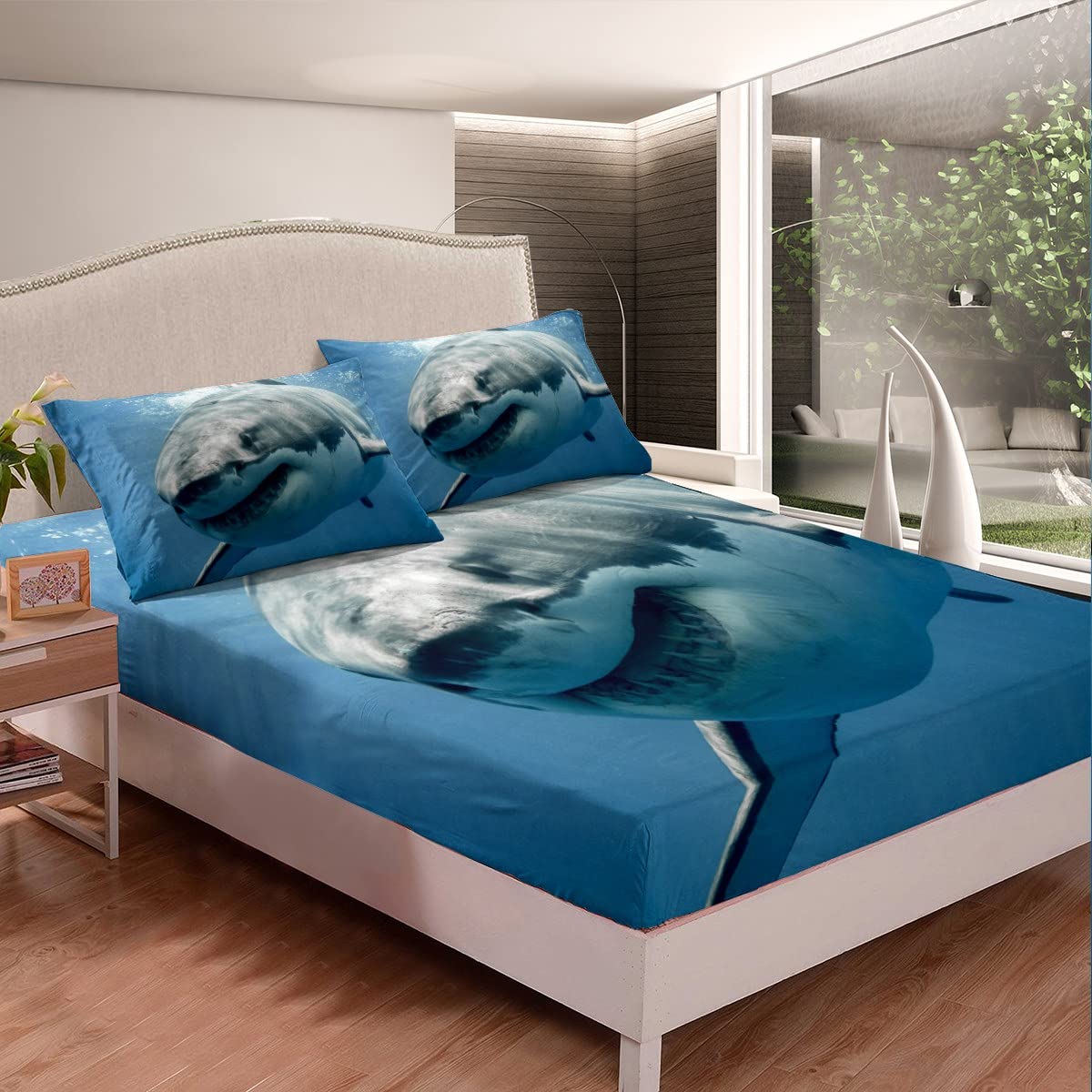 Shark Themed Fitted Sheet Set - Queen Size 3Pcs Marine Ocean Animal Print Bedding for Adults | Underwater World Decor Bed Cover | Perfect for Beach House, Kids Room & Coastal Themed Bedrooms