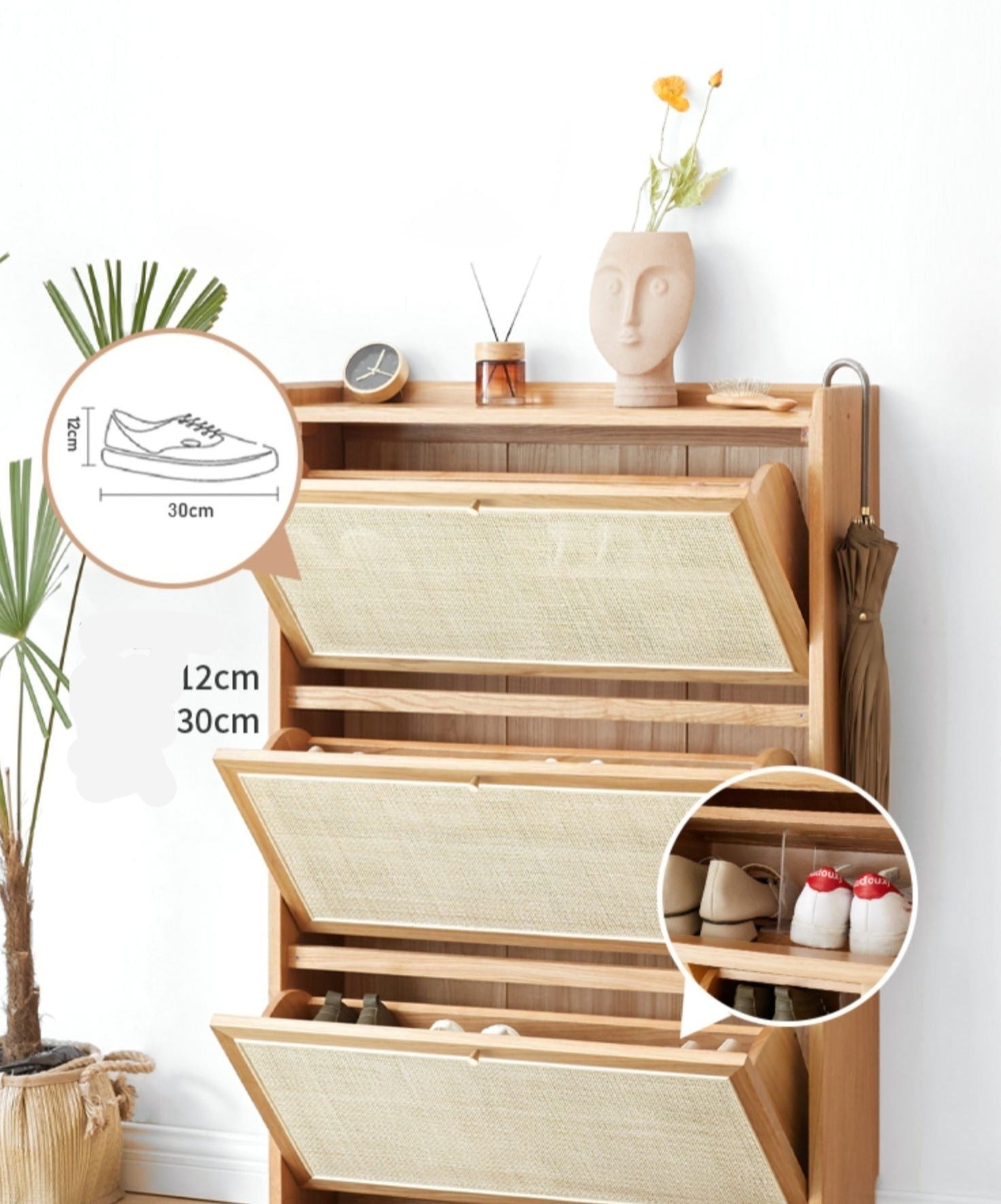 Oak Solid Wood Ultra Thin Flap Door Rattan Shoe Cabinet - Space Saving Entryway Storage Organizer for Hallway, Closet & Mudroom