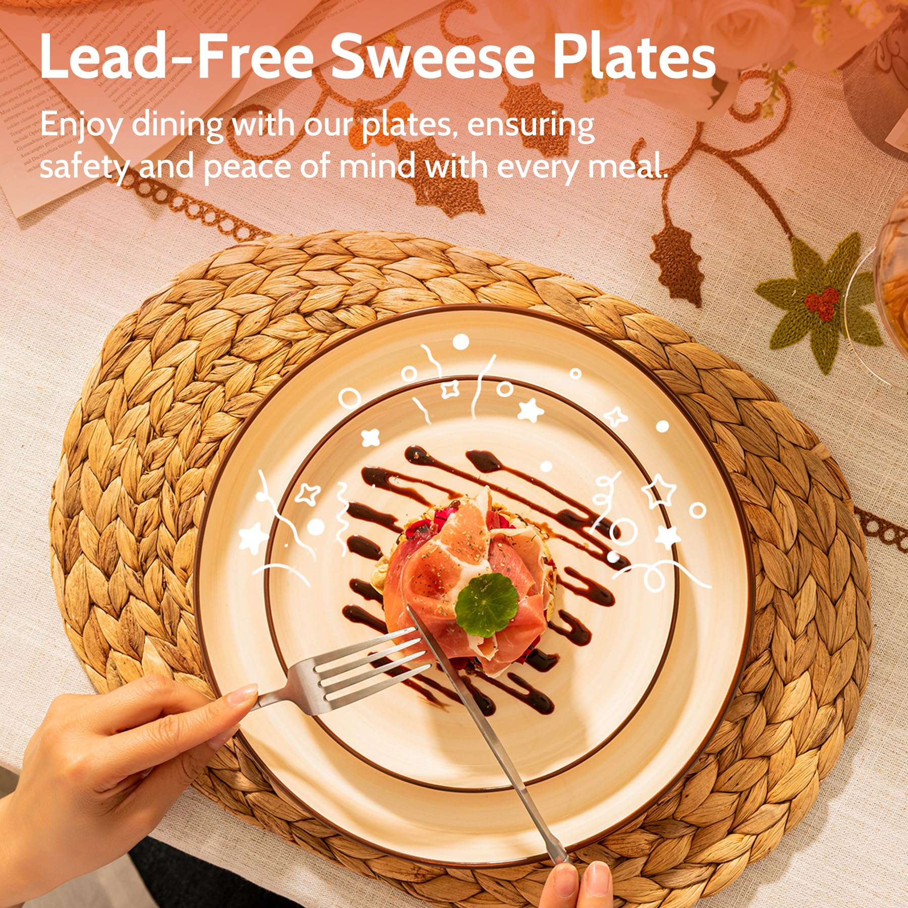 Sweese 10 Inch Round Porcelain Dinner Plates Set of 6 - Microwave, Oven & Dishwasher Safe - Elegant Neutral Design for Lunch, Party, Wedding & Restaurant Use