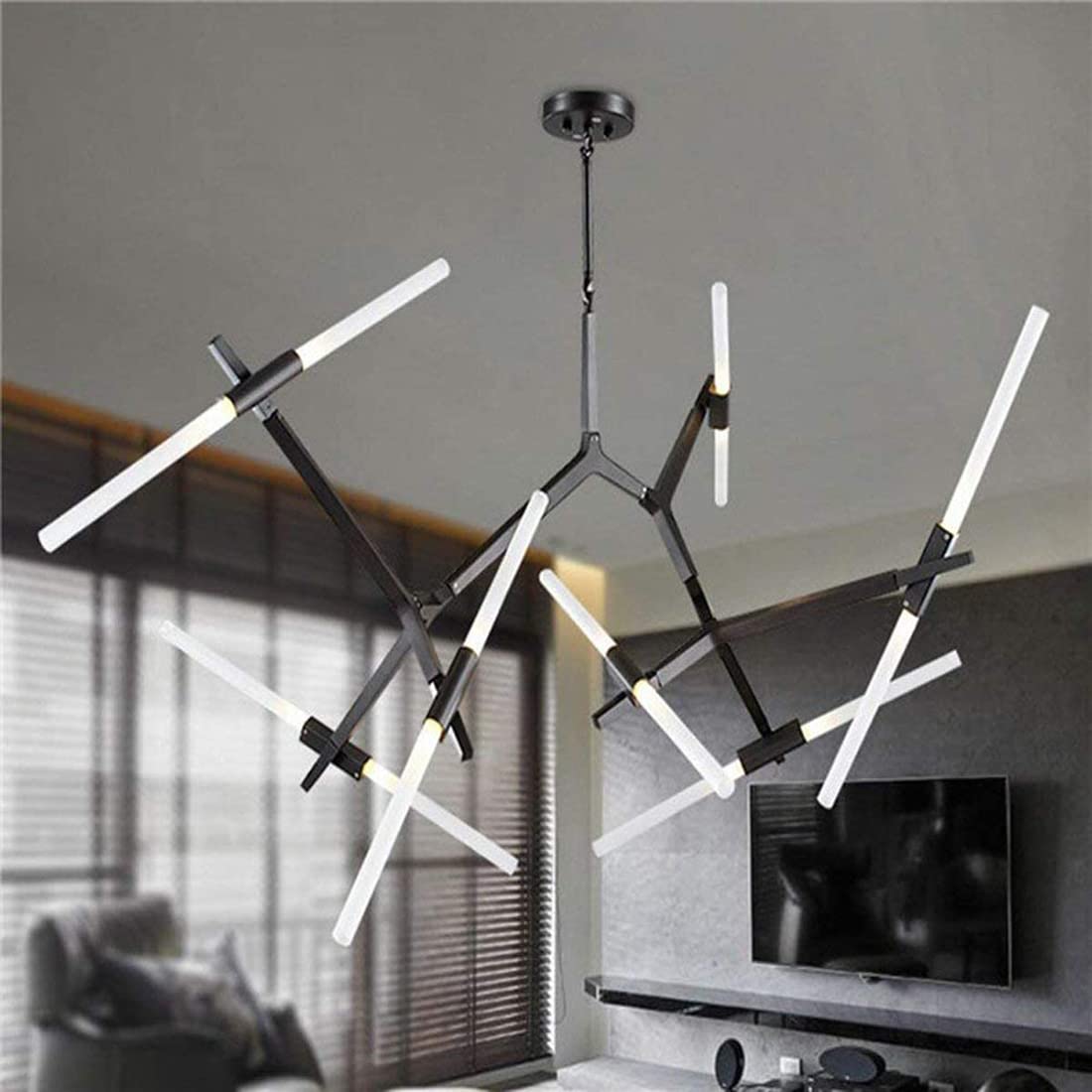 Modern Industrial 14-Light Black Metal & Acrylic Branch Chandelier - Pendant Ceiling Light Fixture for Living Room, Dining Room Lighting | Farmhouse Decor, Restaurant Ambience, Wedding Venue Lighting