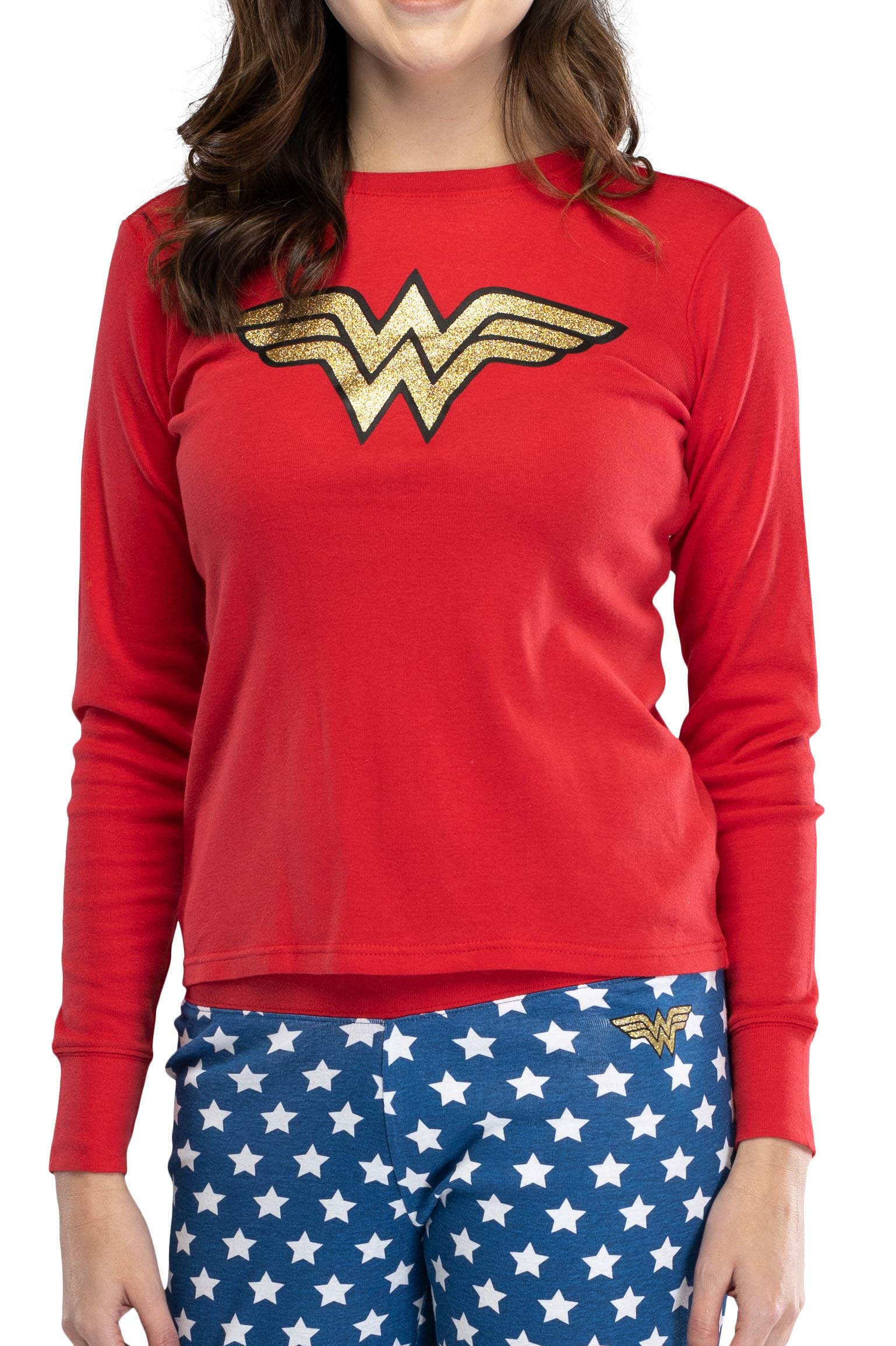 INTIMO Women's Wonder Woman Glitter Logo Pajama Set - Superhero Sleepwear for Women - Soft & Comfortable Pajamas for Lounge, Sleep & Cosplay