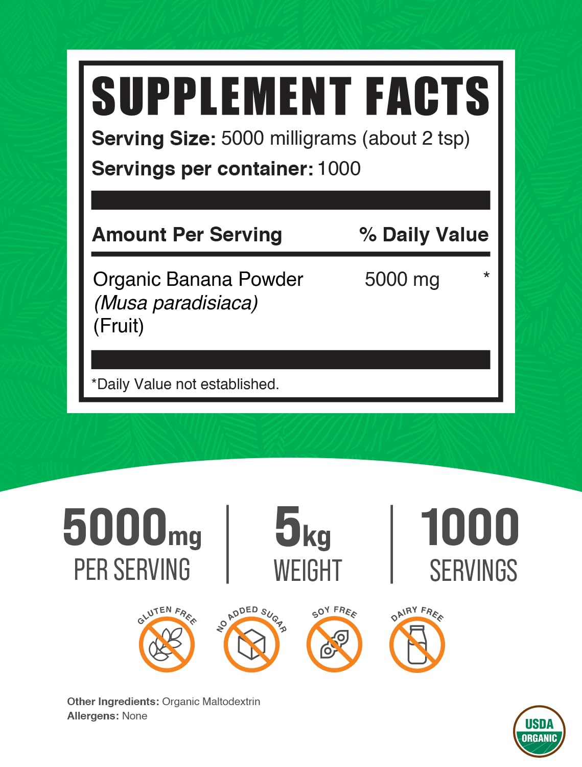 Organic Banana Powder by BulkSupplements.com - 5kg (11 lbs) Premium Dried Banana Fruit Powder for Smoothies, Baking & Healthy Snacks - Vegan, Gluten-Free & All-Natural Ingredient
