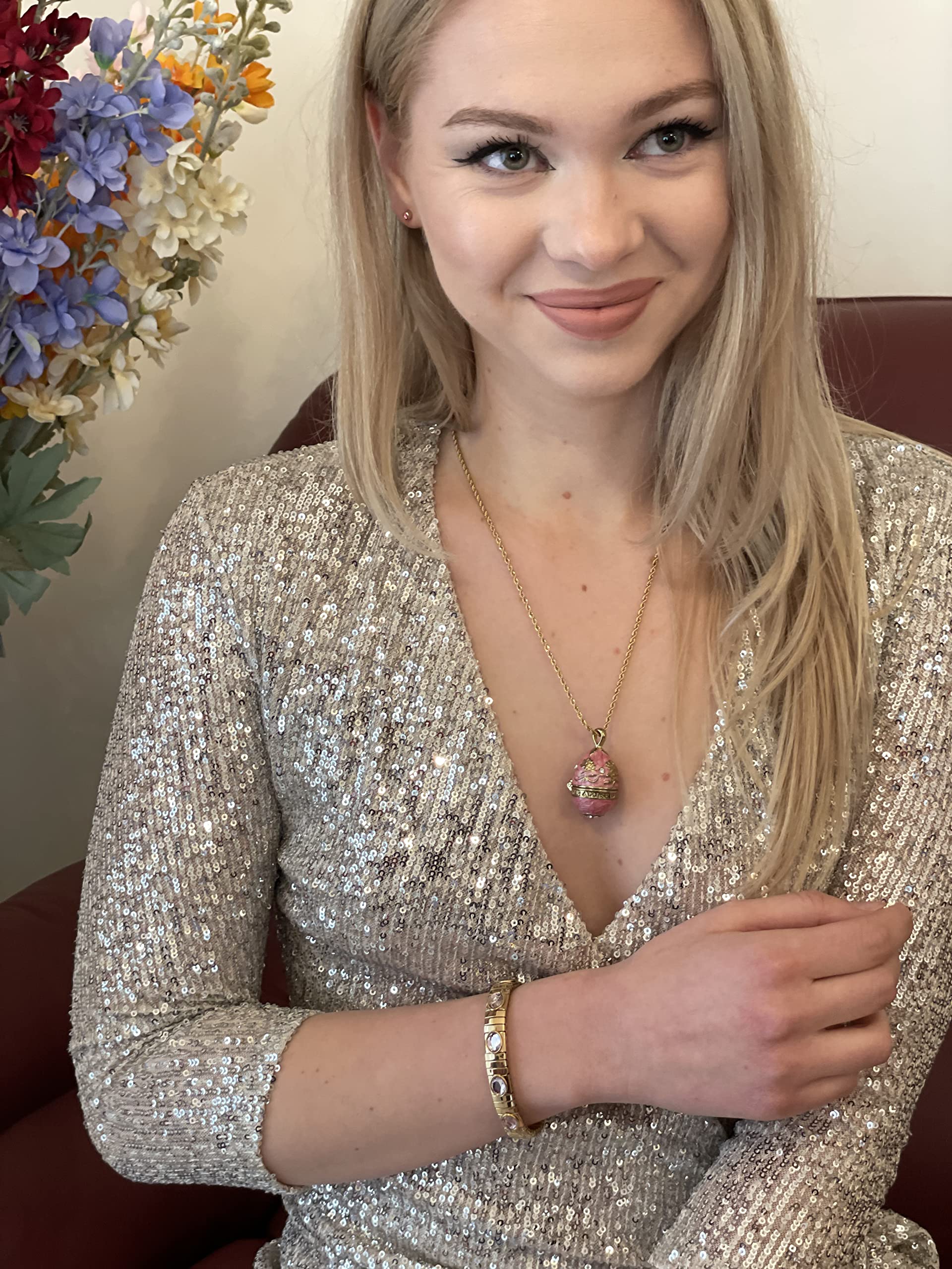 Handmade Fabergé Egg Jewelry Set - 24K Gold Russian Egg Pendant Necklace & Bracelet with 23.5
