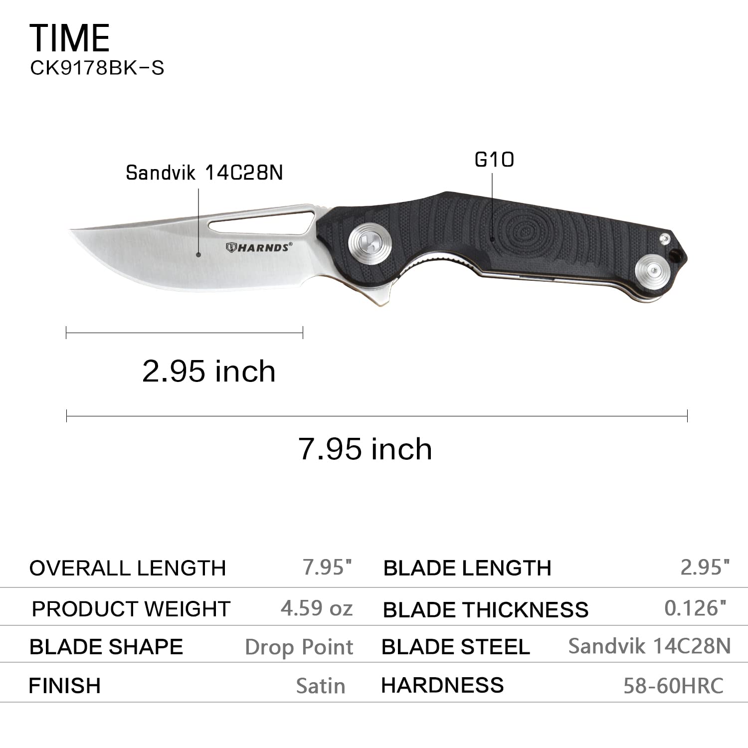 **Harnds Time Folding Knife - Sandvik 14C28N Steel Blade, G10 Handle, Pocket Clip - EDC, Camping, Hiking & Outdoor Survival (Black)**
