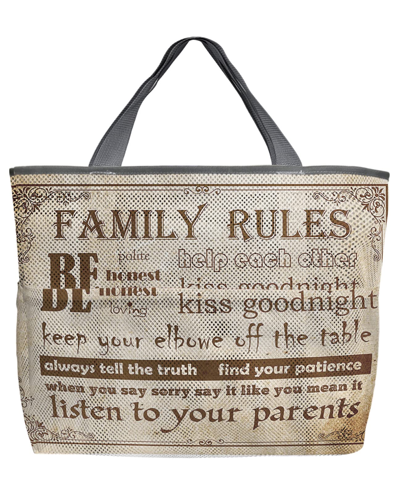 60L Oversized Mesh Beach Tote Bag with Pockets - Foldable Lightweight Retro Wood Grain Design for Pool, Swim & Grocery Storage - Family Rules & Educational Quotes Print - Perfect for Beach Trips, Picnics & Summer Outings (24