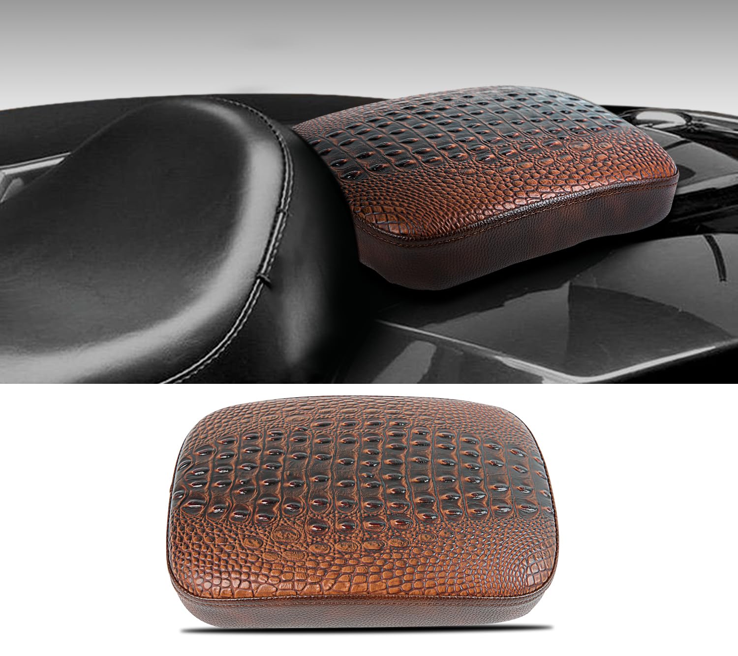 DREAMIZER Universal Motorcycle Passenger Seat Pad - Brown Crocodile Leather Pillion Cushion for Harley, Cruiser, Chopper & Custom Bikes | Comfortable Backrest for Long Rides & Road Trips