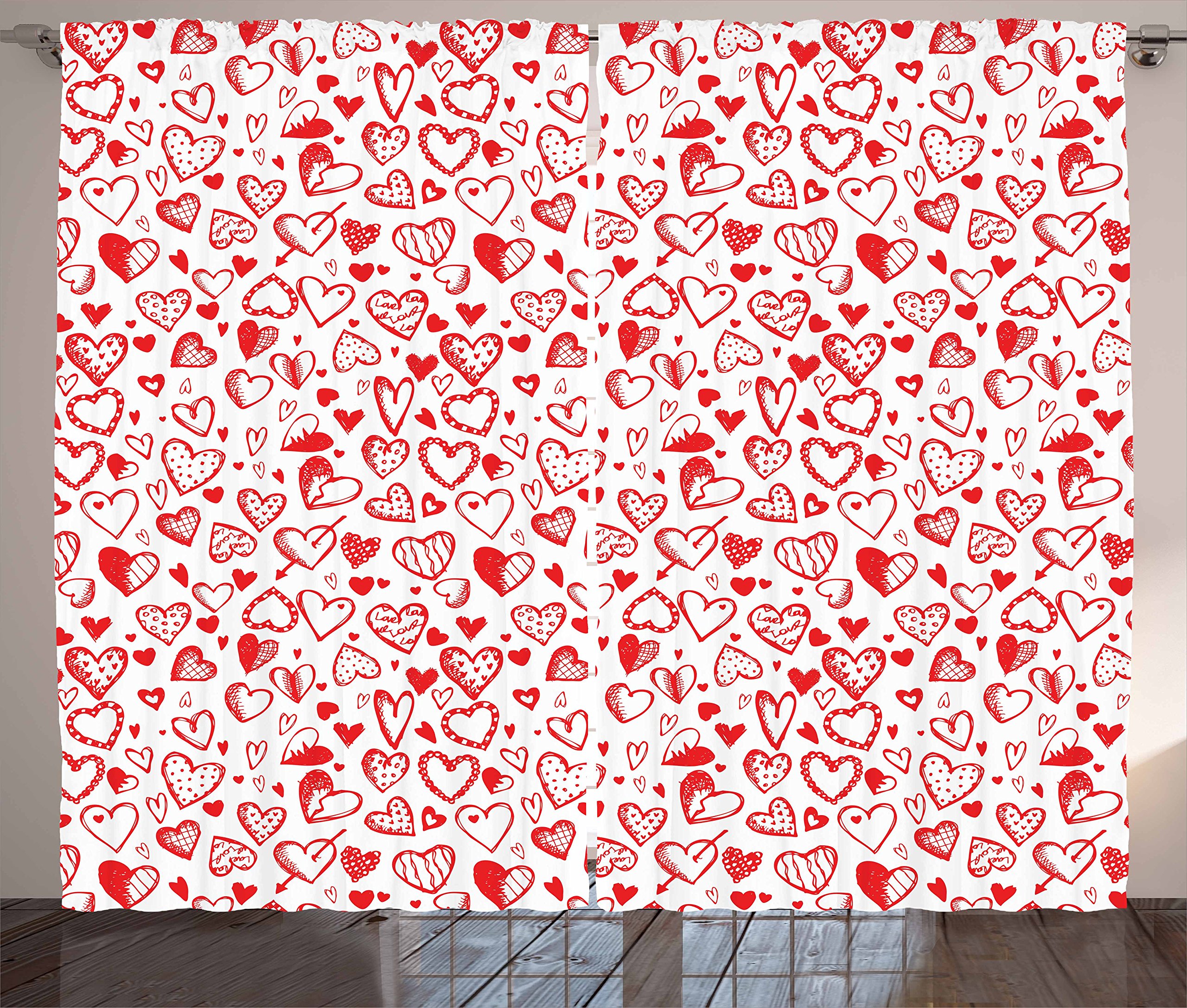 Ambesonne Valentines Curtains - Red & White Heart Pattern Drapes with Romantic Arrows & Dots, 2 Panel Set 108