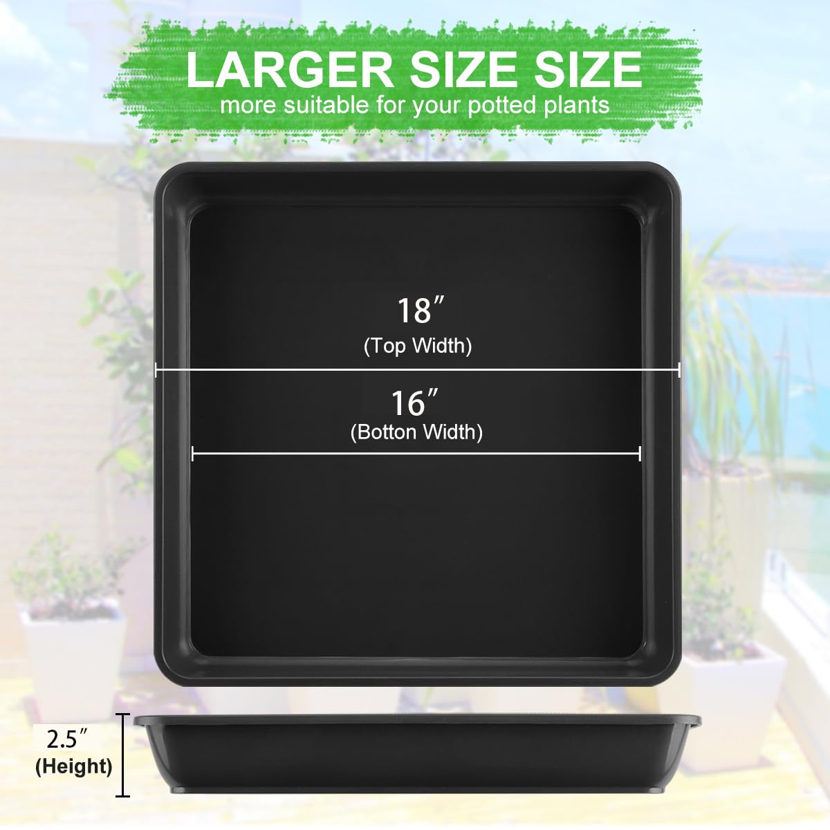 WAYNHUI Square Plant Saucer - 6/8/10/12/14/16/18/20 Inch Plastic Plant Tray for Indoor & Outdoor Plants - Durable Water Catch Basin for Flower Pots, Gardening, and Drainage Protection