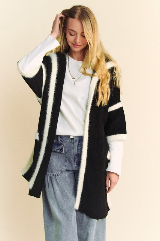 Davi & Dani Women's Fuzzy Trim Open Front Loose Fit Cardigan Sweater - Cozy Winter Loungewear for Home, Office & Casual Outings