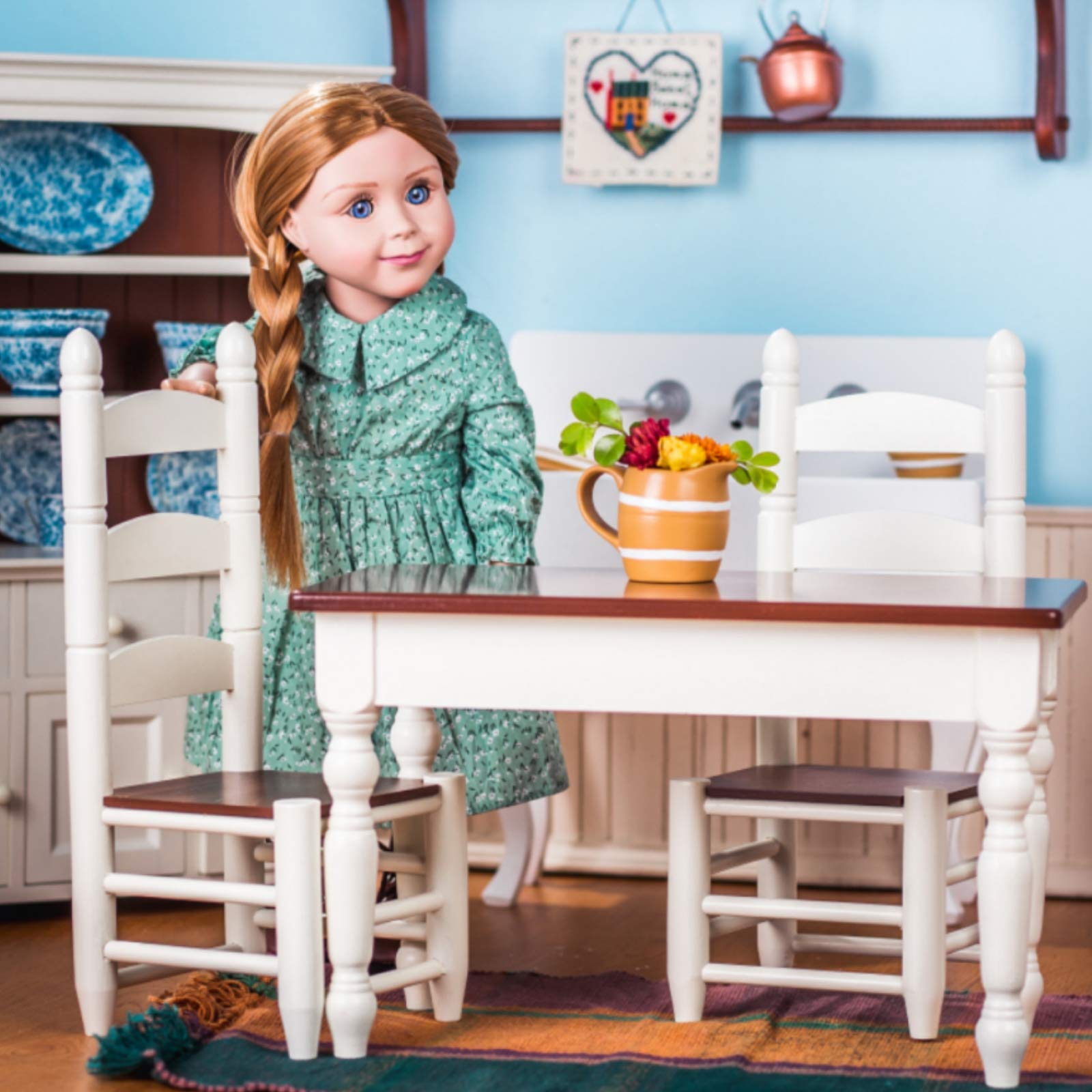18 Inch Doll Wooden Kitchen Table & 2 Chairs - Farmhouse Style Fully Assembled Furniture Set for American Girl & 18