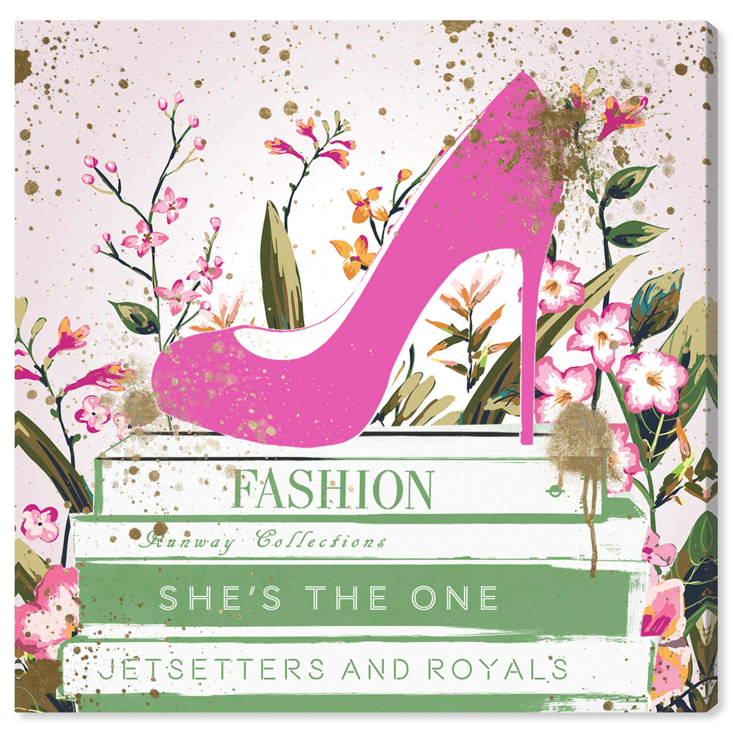 Oliver Gal Artist Co. Fashion & Glam Wall Art Canvas Print - 'Shoes and Books Spring' Home Decor 12x12 Inches - Green & Pink Abstract Painting for Living Room, Bedroom, Office Decor