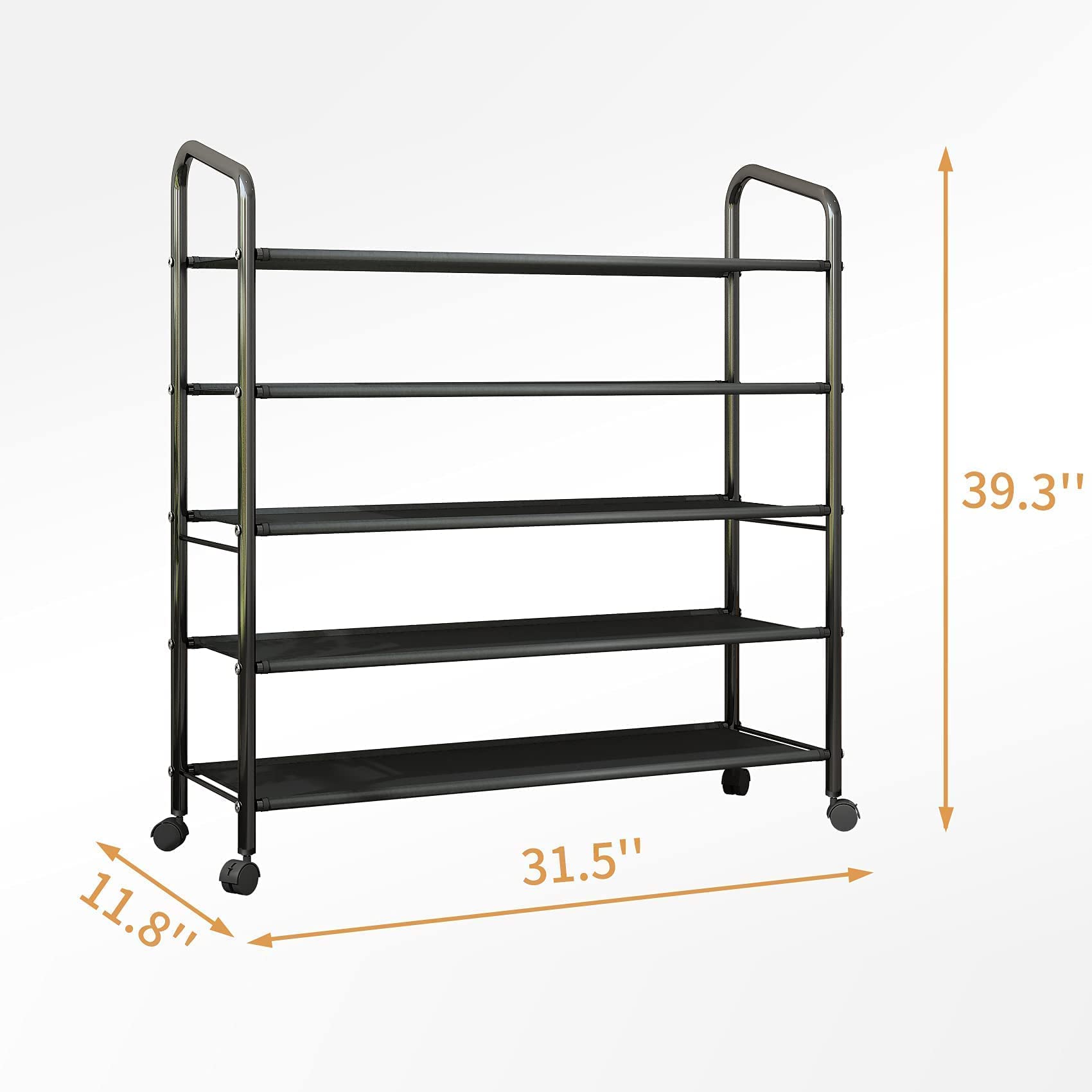 5-Tier Black Metal Shoe Rack Organizer with Wheels - Sturdy Rolling Shoe Storage Shelf for Entryway, Closet, Garage & Floor - 31-Inch Wide Fabric Shelves for Sneakers, Boots & Sandals - Space-Saving Home Organization Solution