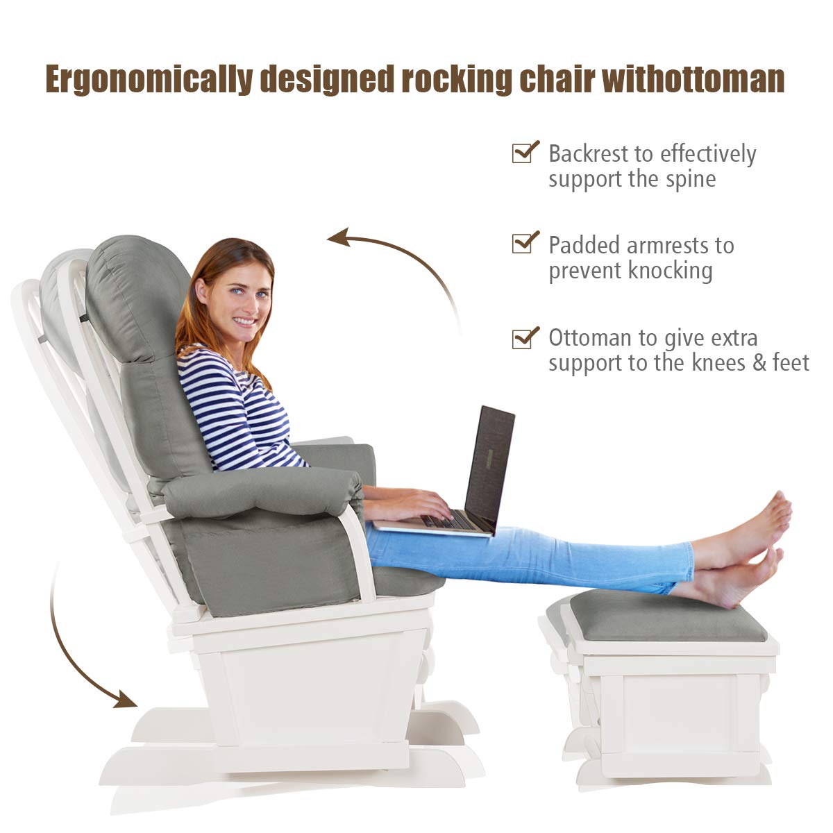 Costzon Baby Glider and Ottoman Set - Light Grey Upholstered Nursery Chair with Padded Armrests & Detachable Cushion | Wooden Rocking Chair for Nursing, Napping & Reading | Perfect for Nursery, Bedroom or Living Room