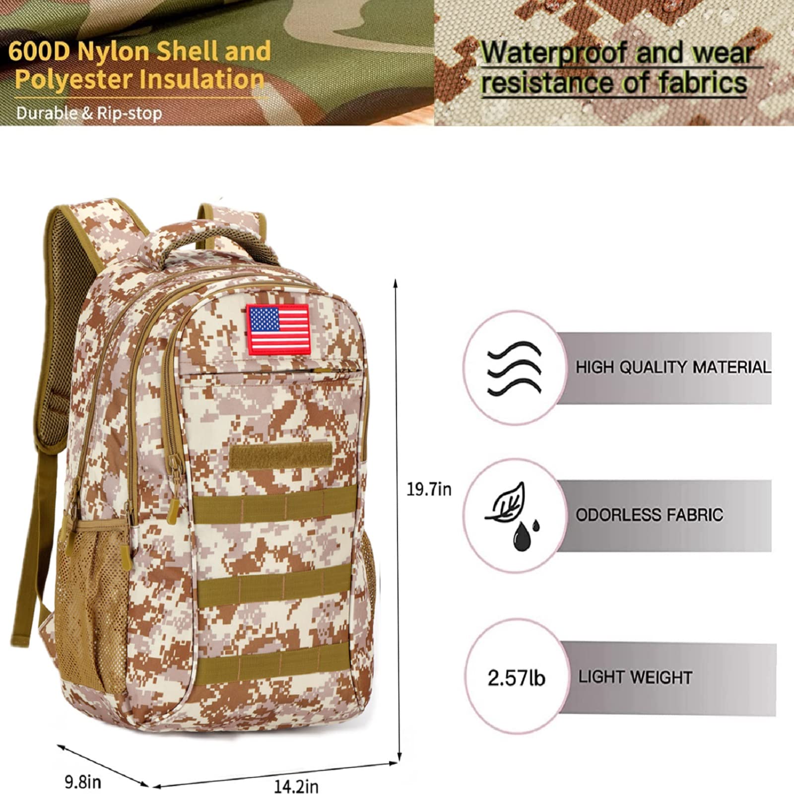 Military Camo Backpack for Boys & Men - 40L School Backpack with USB Charging Port - Durable Teen Backpack for Hiking, Travel & Daily Use
