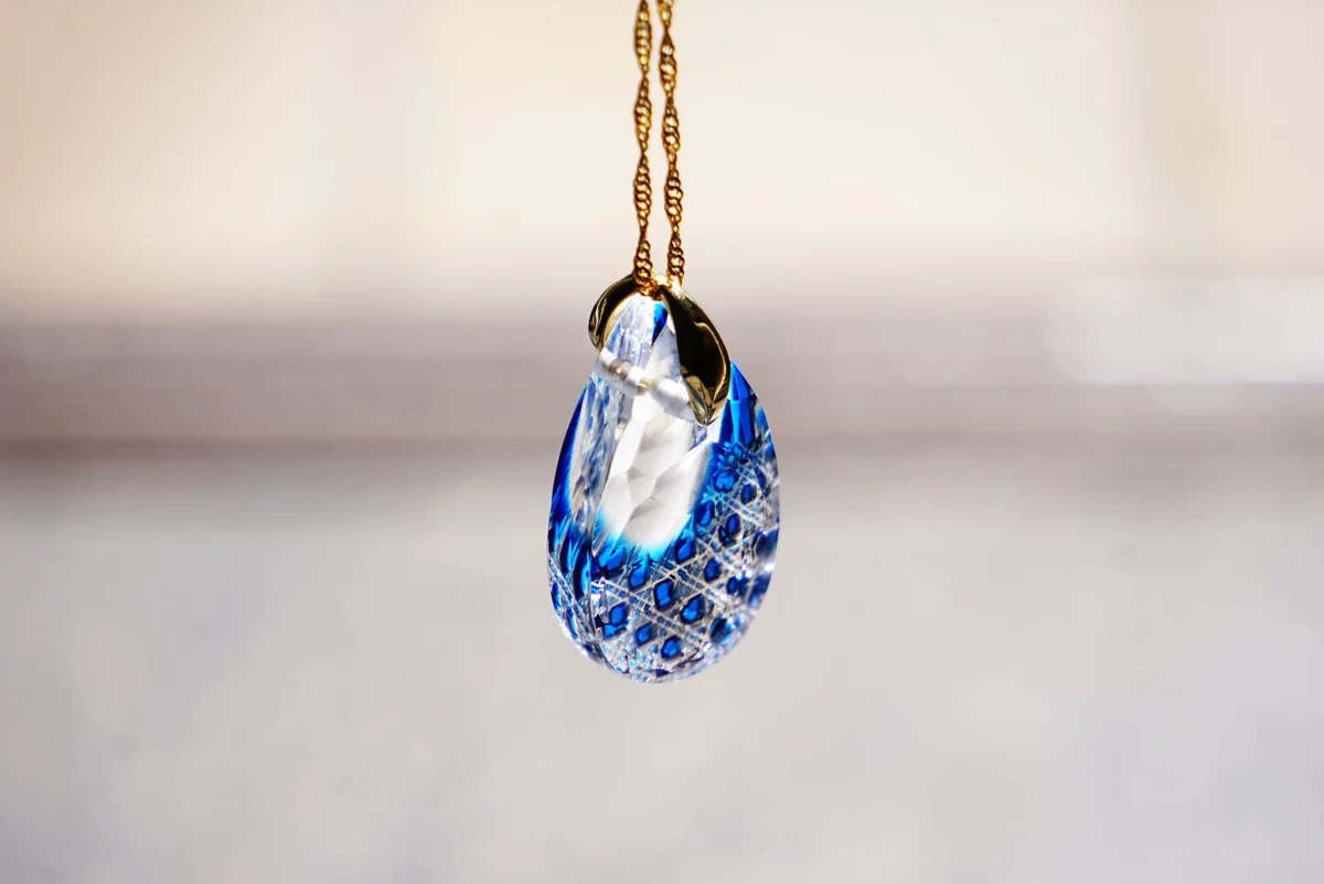 Handmade Kiriko Glass Pendant Necklace - Blue Japanese Artisan Jewelry for Women, Gift for Her, Perfect for Weddings & Special Occasions