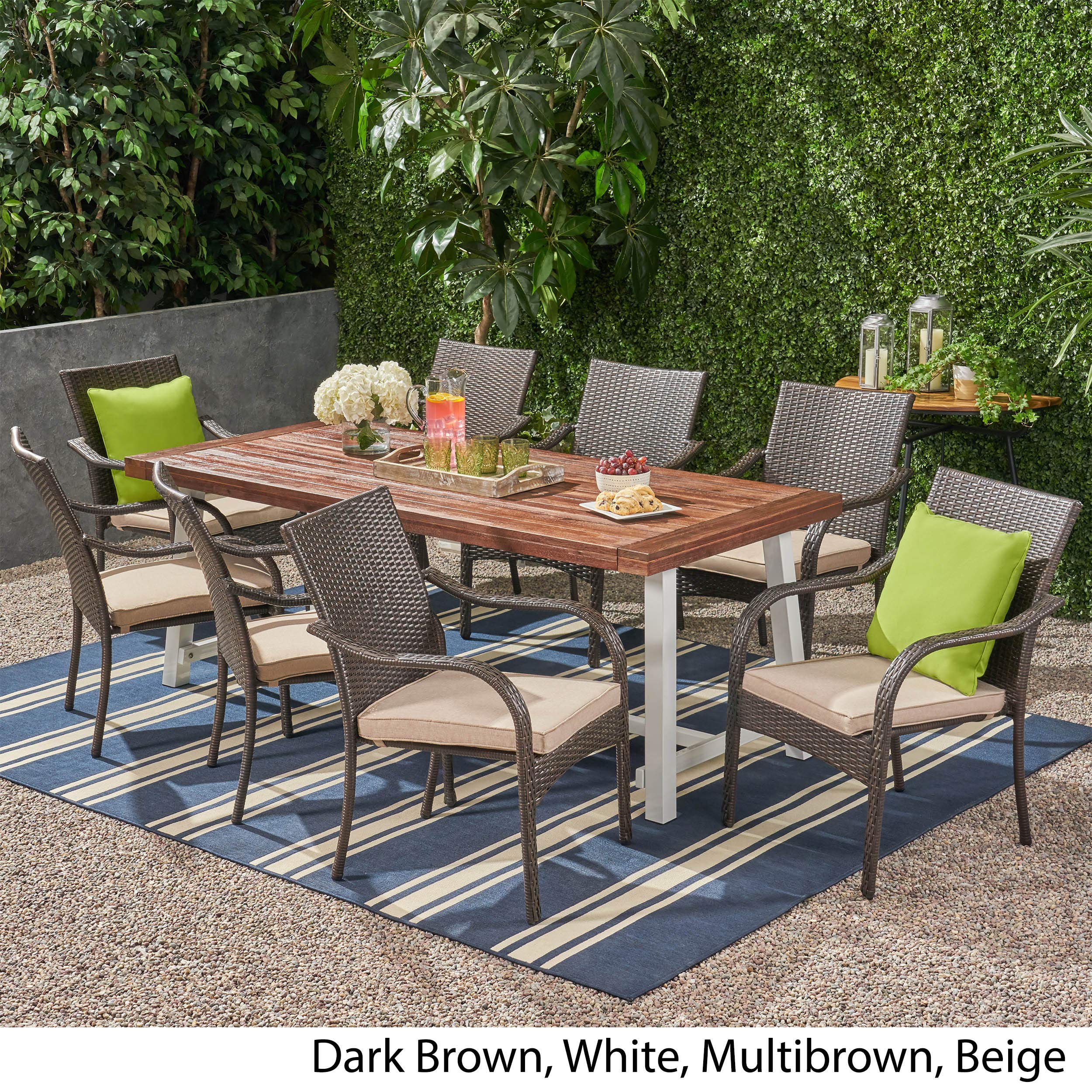 Premium 8-Piece Outdoor Dining Set - Dark Brown Wood & Wicker Patio Furniture for Backyard, Garden, Poolside - Weather-Resistant 8-Seater Table with Chairs - Perfect for Entertaining, BBQs, and Al Fresco Dining