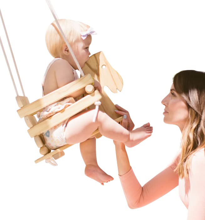 Wooden Horse Baby Swing for Outdoor Porch, Patio & Backyard - Safe Toddler Swing with Bucket Seat for Tree or Swing Set - Perfect for Infants & Kids Outdoor Play, Birthday Gifts & Nursery Decor