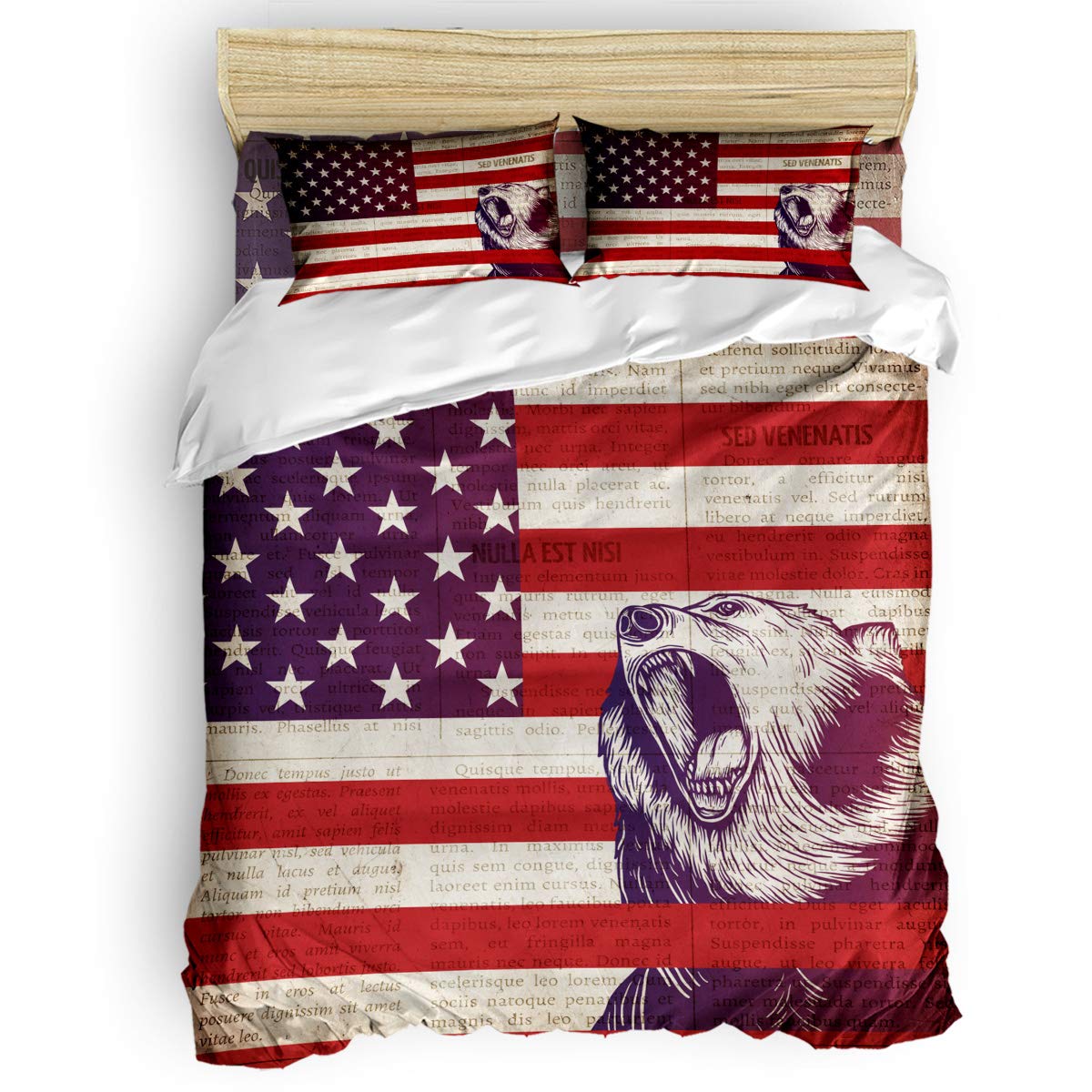 Yogaly 4-Piece Queen Size Bedding Set - American Flag Bear Print Bed Sheets, Duvet Cover, Flat Sheet & Pillowcases for Adults, Teens & Kids | Patriotic Home Decor for Independence Day, Memorial Day & 4th of July Celebrations