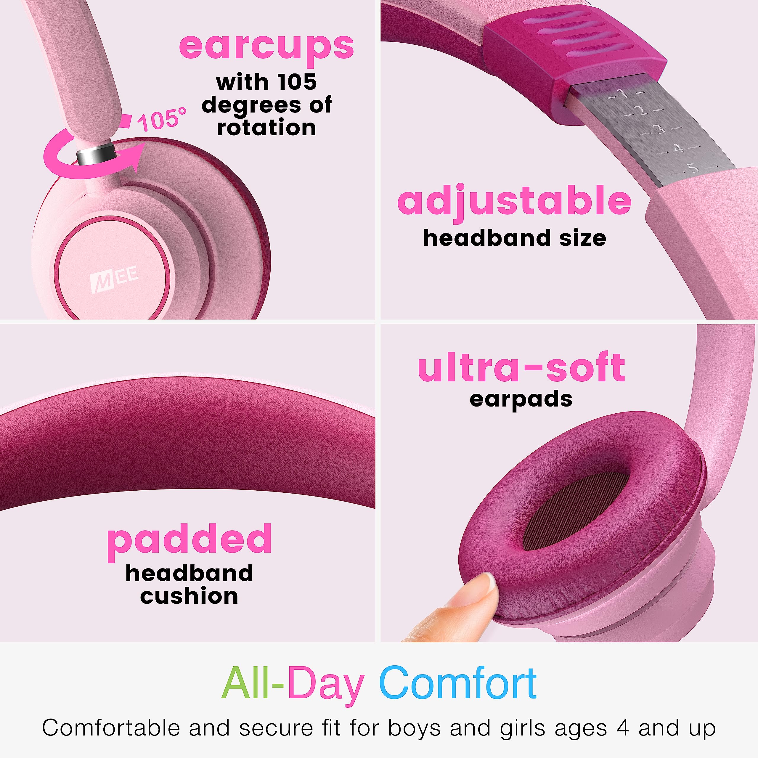 MEE audio KidJamz KJ45 Kids Headphones with Volume Limiter & Built-in Mic - Safe On-Ear Adjustable Headset for Children, 3.5mm Jack Wired - Ideal for Online Learning, School Classes, Travel & Tablet Use (Pink/Magenta)