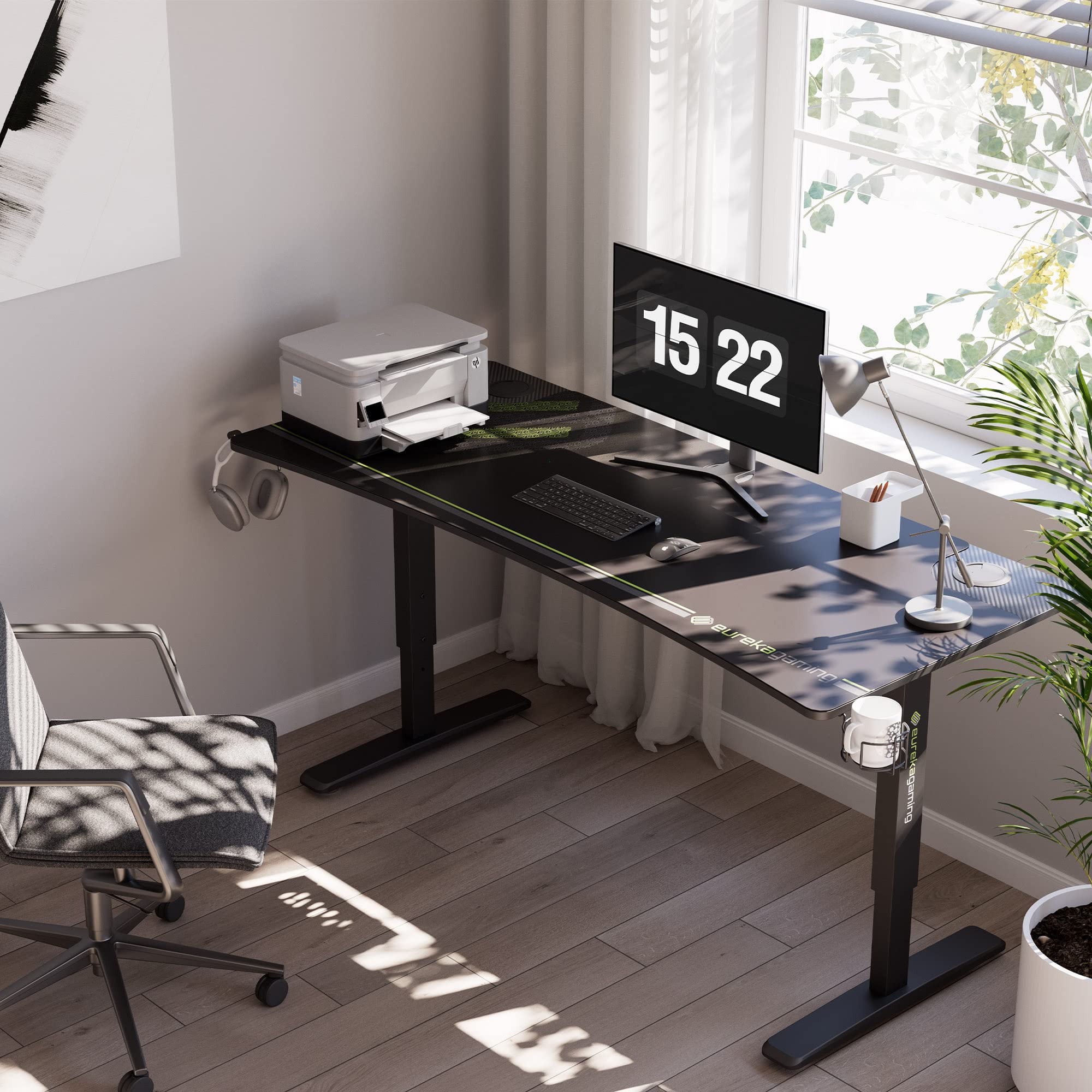 EUREKA ERGONOMIC 63 Inch Height Adjustable Gaming Standing Desk - Manual Mechanical Lift, Large Home Office Desk with Curved Edge, Dual Monitor & Controller Stand - Perfect for PC Gaming, Work from Home & Ergonomic Workspace Setup