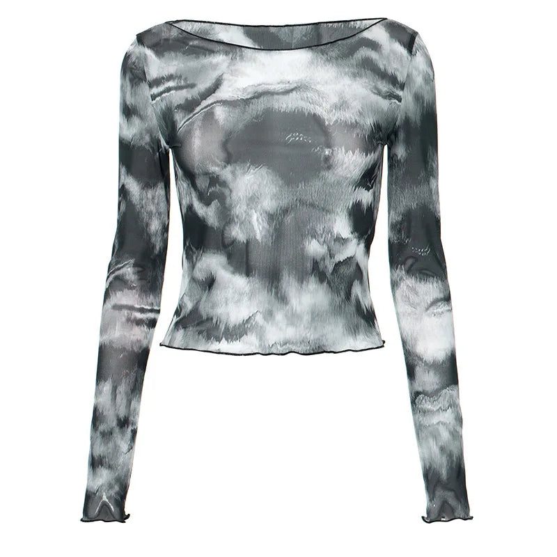 Abstract Black Printed Mesh T-Shirts for Women | 2024 Autumn Fashion Y2K See-Through Long Sleeve Crop Tops | Sexy Streetwear & Party Outfit | Perfect for Clubbing, Concerts & Night Out