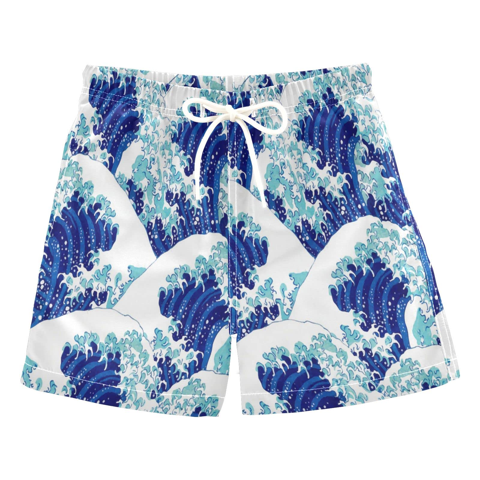 Japanese Blue Wave Pattern Boys Swim Trunks - Quick Dry Toddler Beach Board Shorts for Kids | 2T Swimwear for Pool, Beach & Water Play